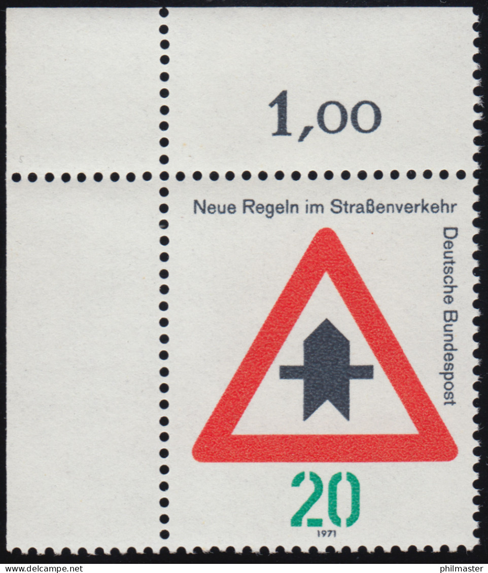 666 Straßenverkehr 20 Pf Vorfahrt ** Ecke O.l. - Unused Stamps