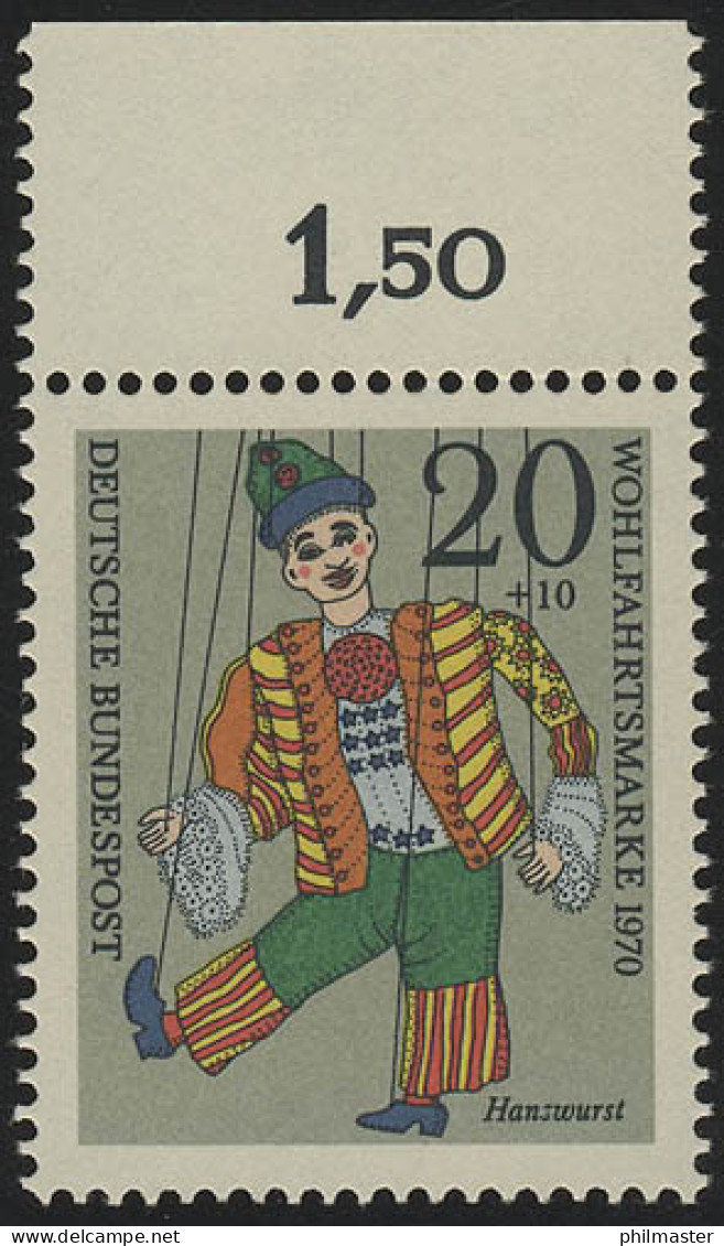 651 Wohlfahrt Marionetten 20+10 Pf Hanswurst ** Oberrand - Unused Stamps