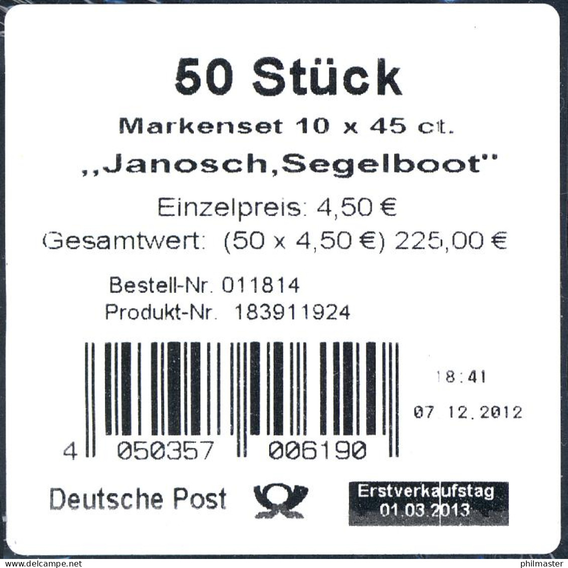 FB 27 Janosch: Segelboot, Folienblatt - Banderole Für 50 Markensets - 2011-2020