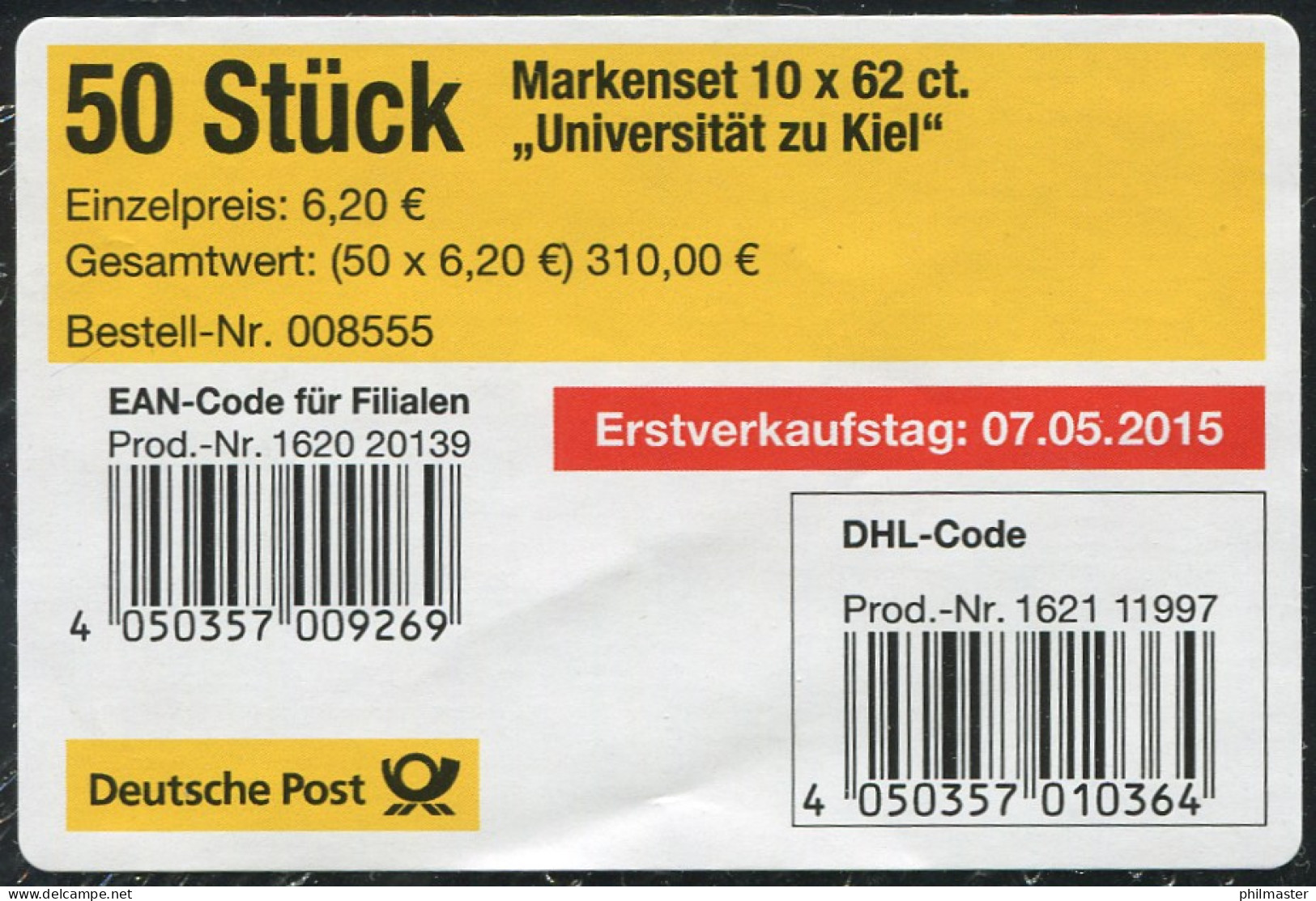 FB 48 Universität Kiel, BANDEROLE Mit DHL-Code Für 50 Markensets - 2011-2020
