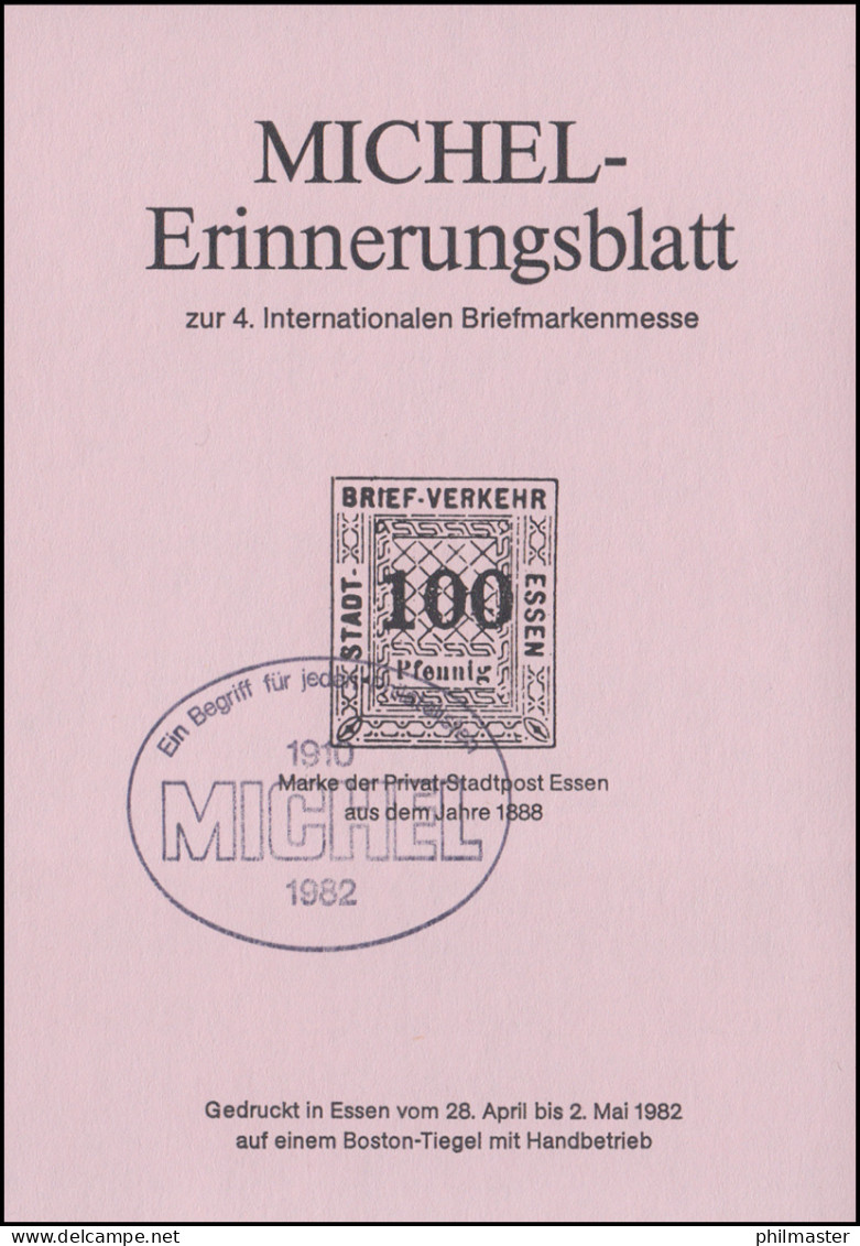 Sonderdruck MICHEL-Erinnerungsblatt Essen 1982: Privat-Stadtpost 1888 Gestempelt - Privé- & Lokale Post