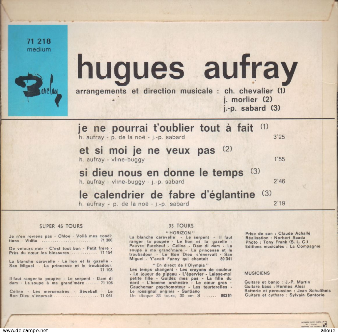 HUGUES AUFRAY - FR EP - JE NE POURRAI T'OUBLIER TOUT A FAIT + 3 - Autres - Musique Française