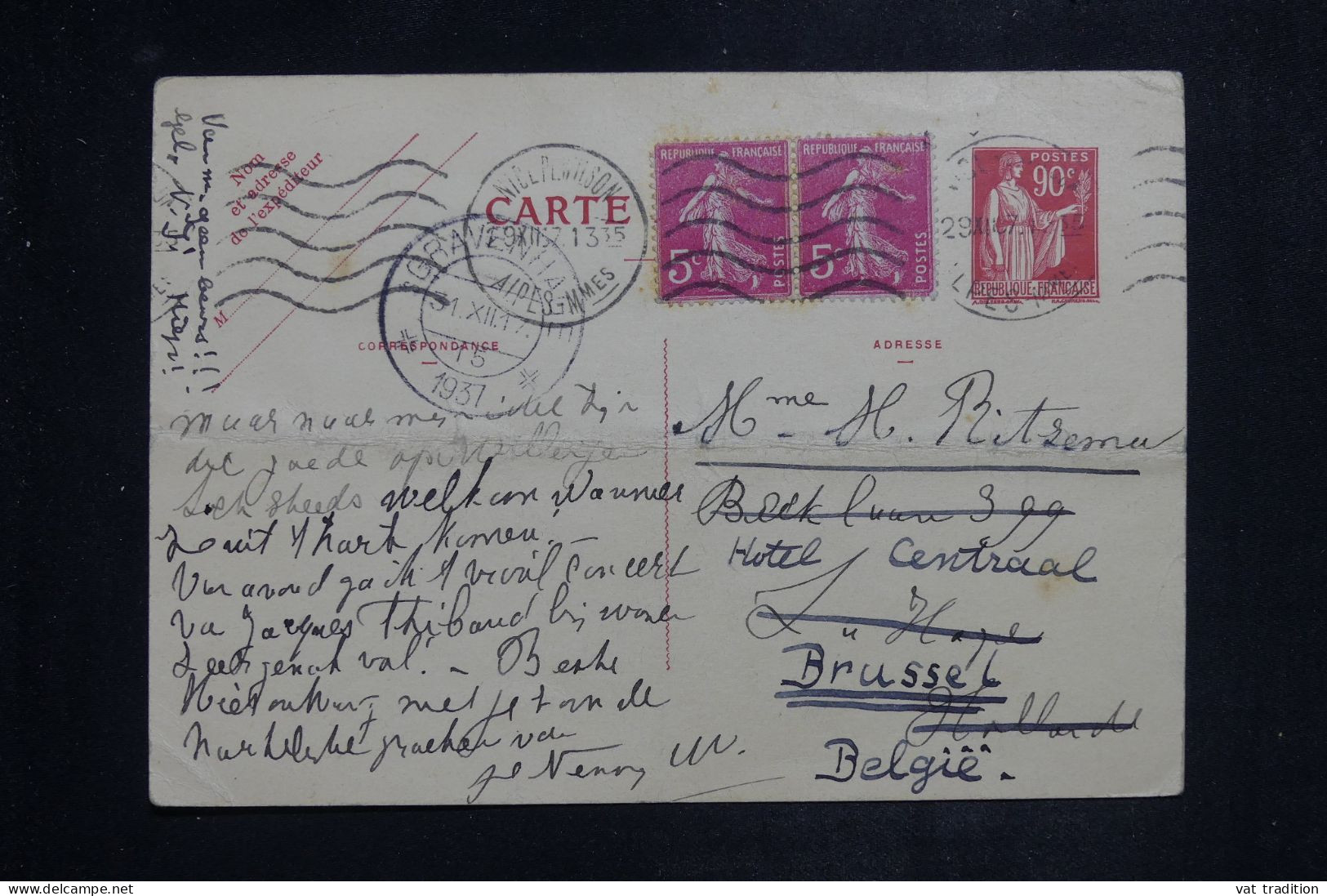 FRANCE - Entier Postal Paix 90ct + Compléments De Nice Pour Les Pays Bas Et Redirigé Vers La Belgique En 1937 - L 151054 - Cartes Postales Types Et TSC (avant 1995)