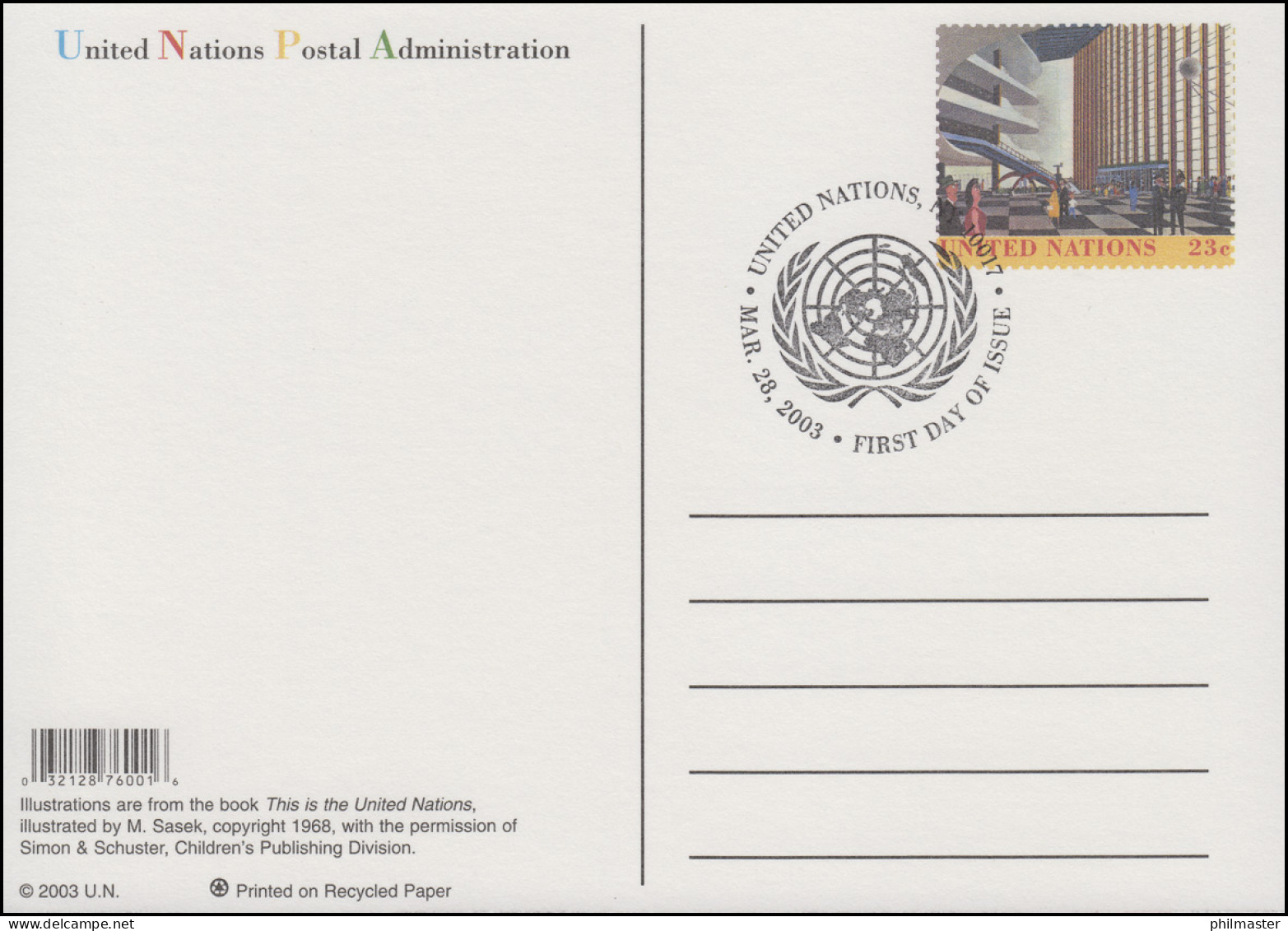 UNO New York Postkarte P 27 Foyer 23 Cent 2003, FDC 28.3.2003 - Other & Unclassified
