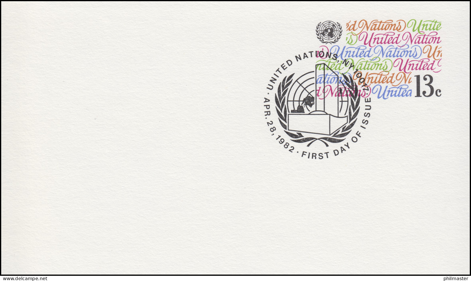 UNO New York Postkarte P 8 Inschrift United Nations 13 Cent 1982, FDC 28.4.1982 - Other & Unclassified