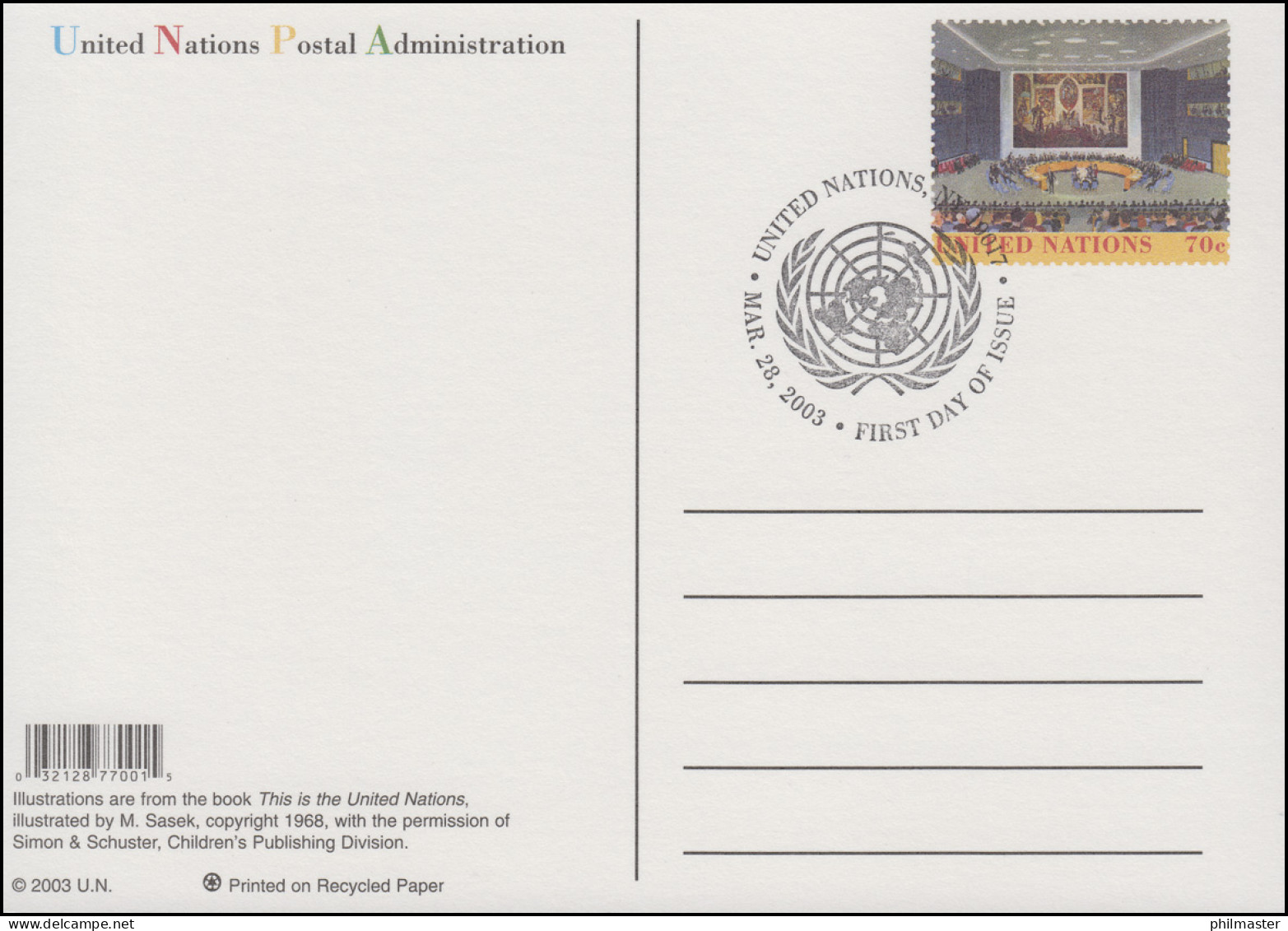 UNO New York Postkarte P 30 Sicherheitsrat 70 Cent 2003, FDC 28.3.2003 - Autres & Non Classés