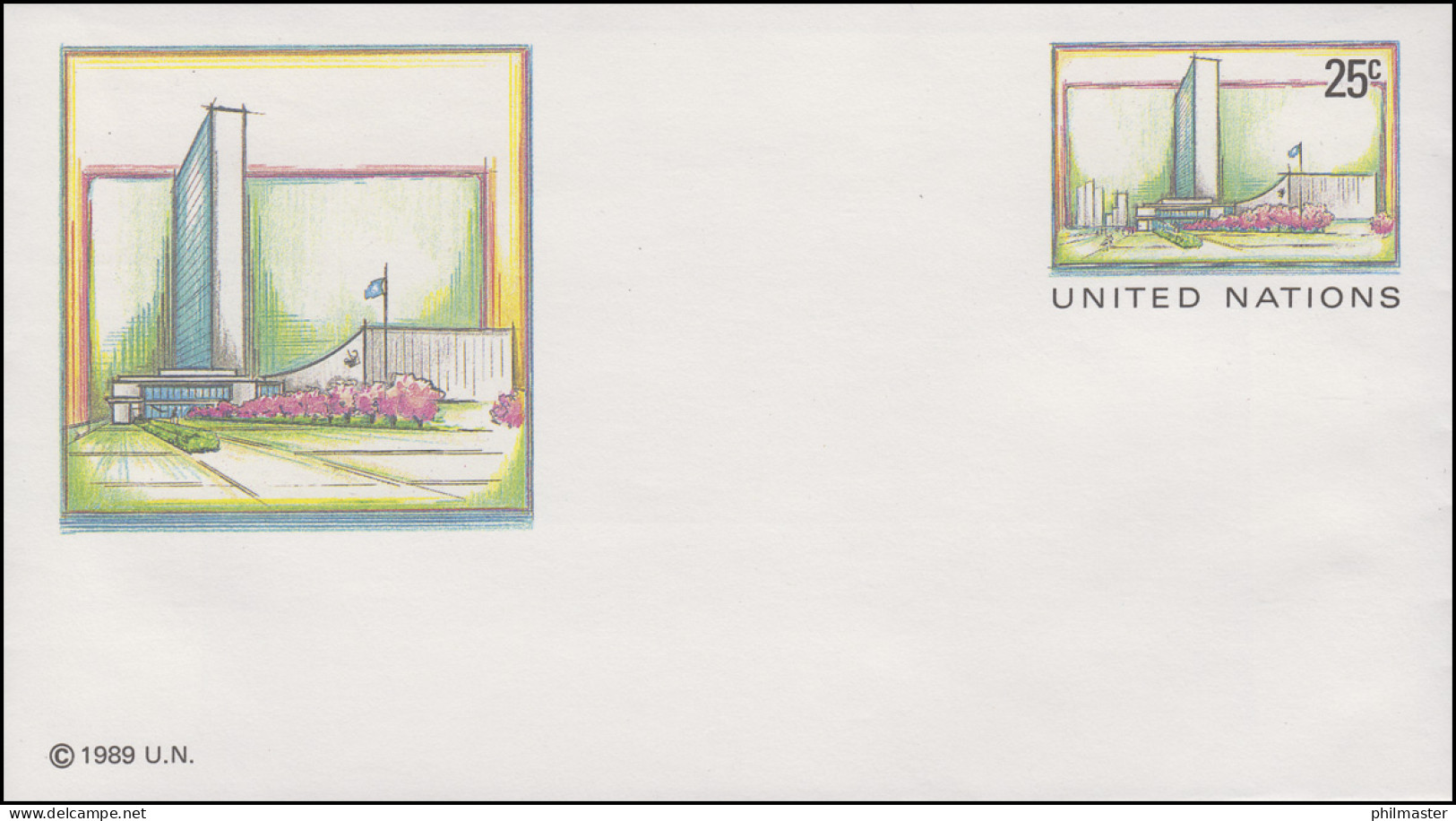 UNO New York Umschlag U 8A Hauptquartier 25 Cent 1989, 165x92, Ungebraucht ** - Other & Unclassified