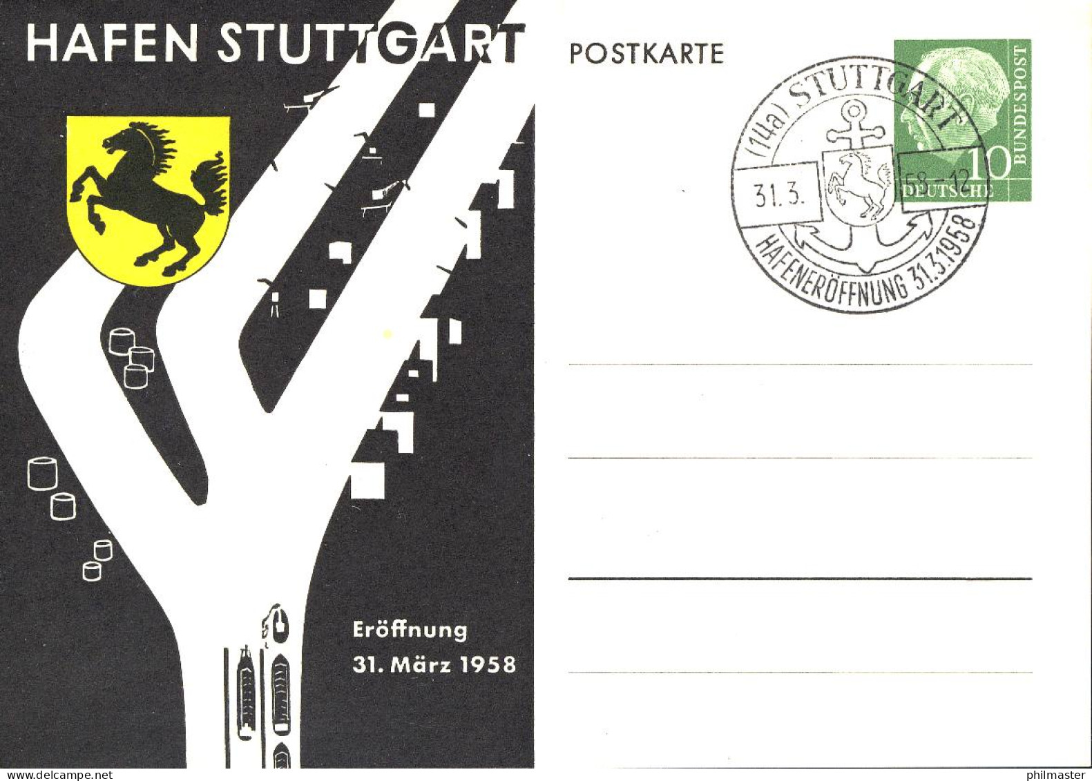 PP 8/11 Heuss 10 Pf. Hafen Stuttgart 1958 Wappen, SSt Hafeneröffnung 31.3.58 - Privé Briefomslagen - Ongebruikt