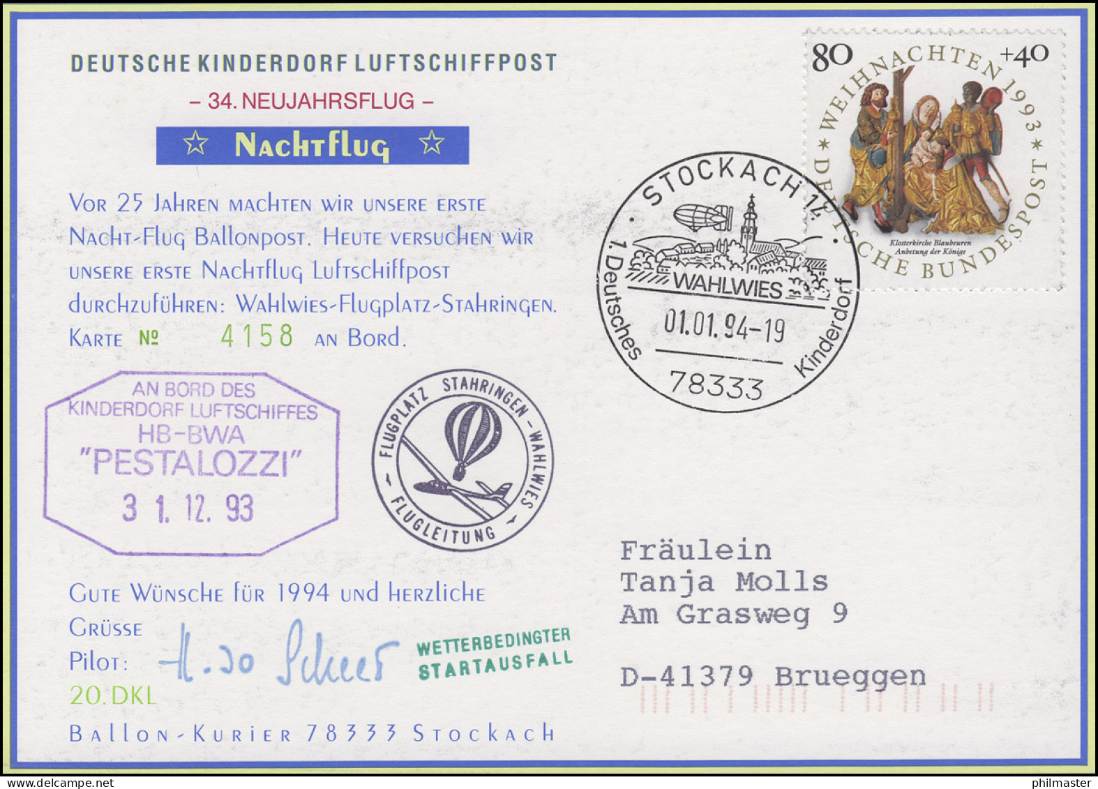 Luftschiffspost DKL 20 PESTALOZZI Neujahrsflug / Nachtflug STOCKACH 1.1.1994 - Zeppelin