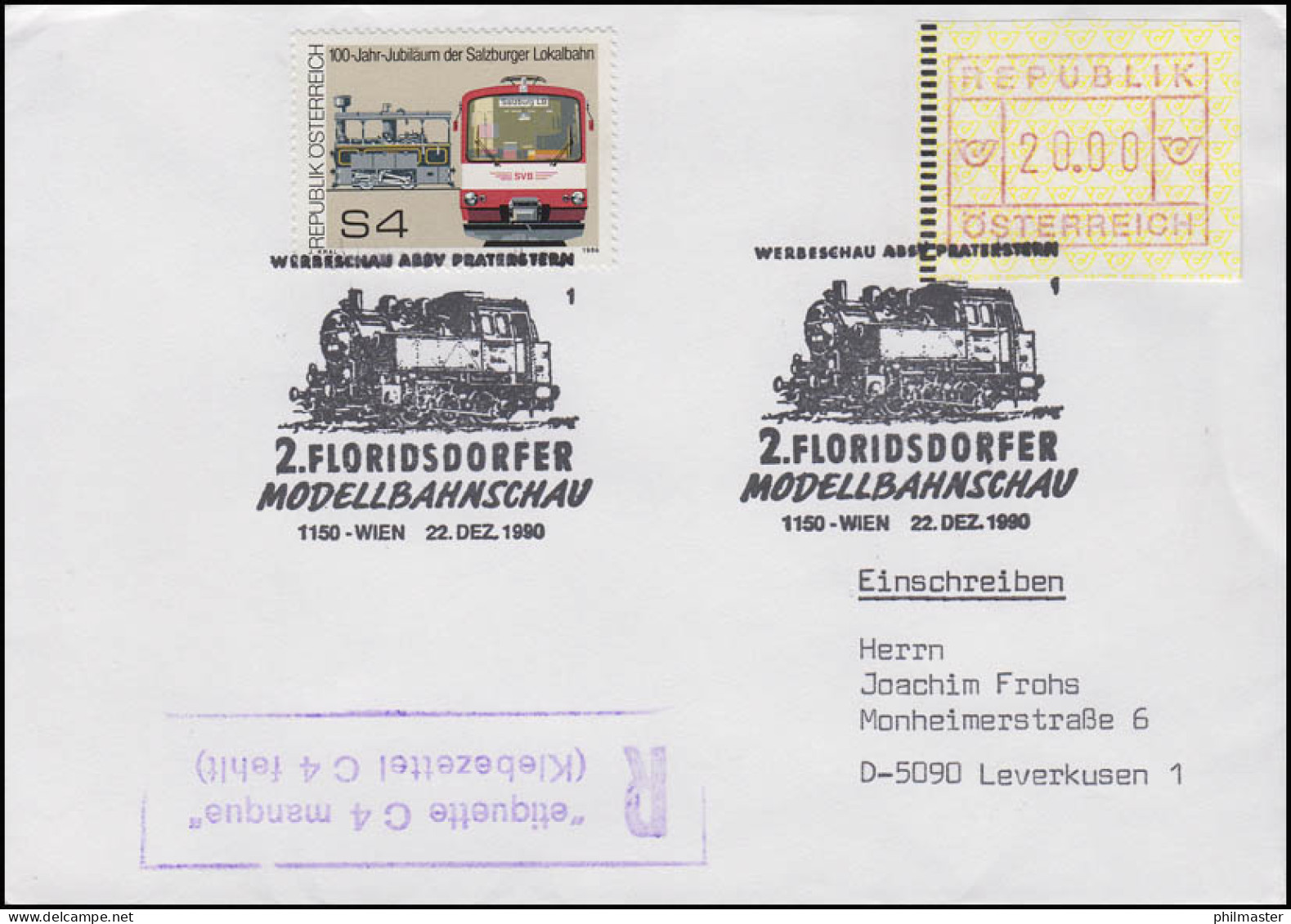 Floridsdorfer Modellbahnschau Not-R-Stempel Klebezettel Fehlt SSt Wien 22.12.90 - Etiquettes 'Recommandé' & 'Valeur Déclarée'