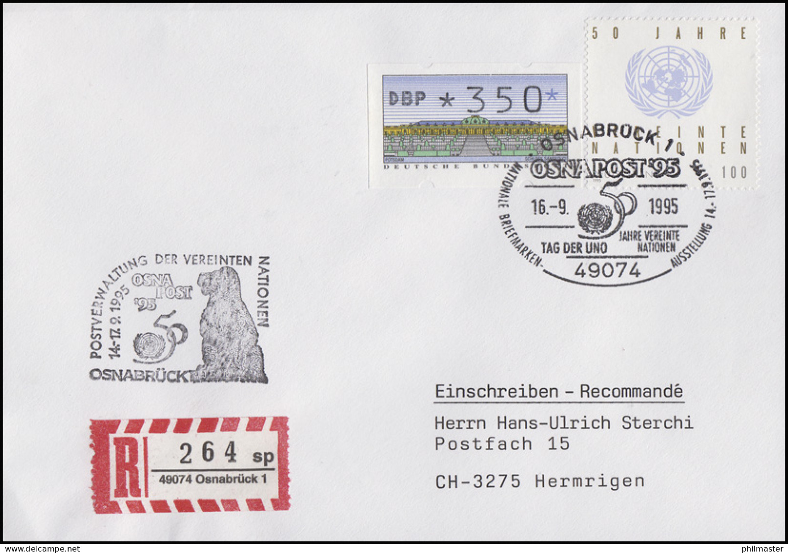 1804 UNO + SchWZD-ATM MiF R-Bf SSt Osnabrück Tag Der UNO 16.9.95 OSNAPOST - UNO