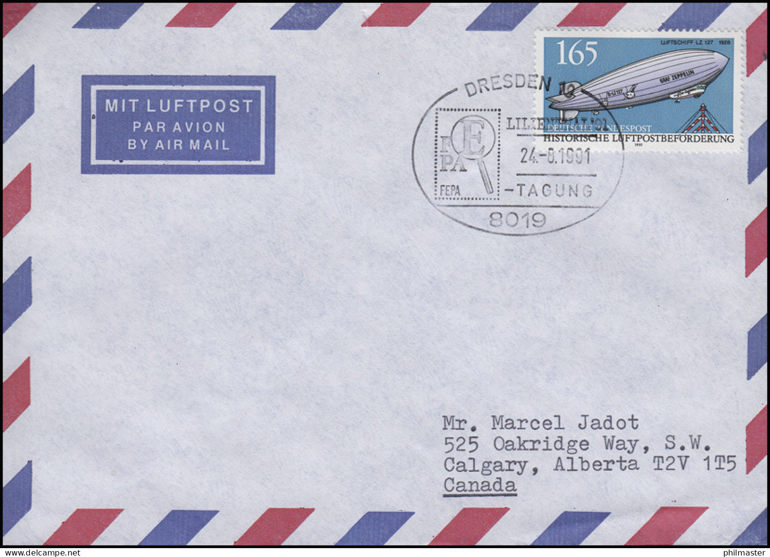 1525 Zeppelin, EF Bf SSt Dresden Ausstellung Lilienthal'91 & FEPA-Tagung 24.8.91 - Philatelic Exhibitions