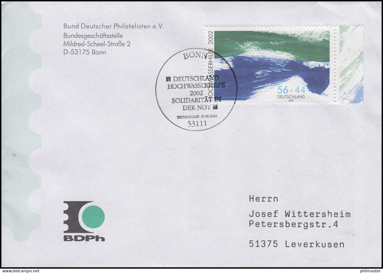 2278AI Hochwasserhilfe, EF FDC ESSt Bonn Solidarität In Der Not 30.8.2002 - Umweltschutz Und Klima