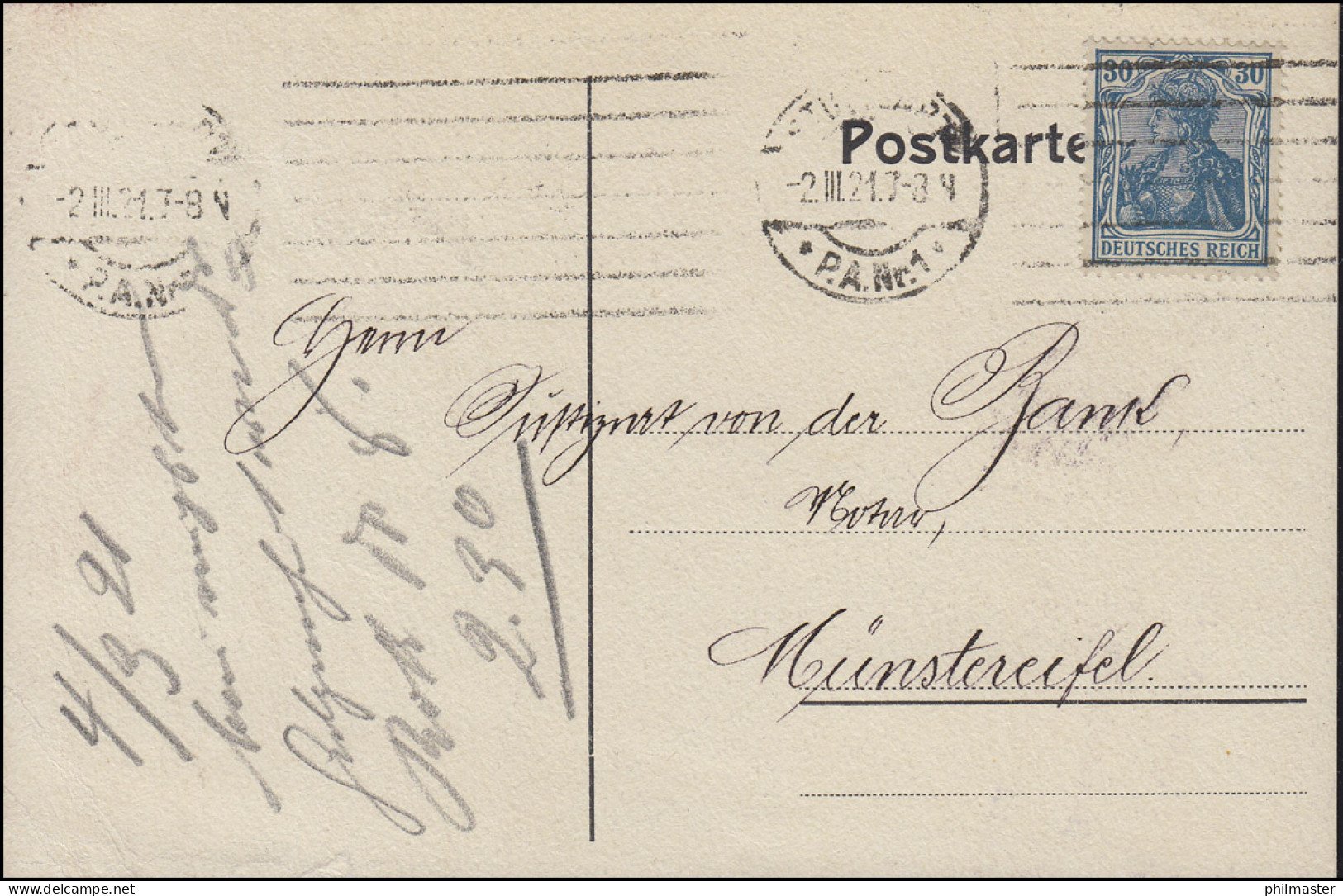 144 II Germania 30 Pf. Postkarte Hypothekenbank STUTTGART 2.3.21 N. Münstereifel - Münzen