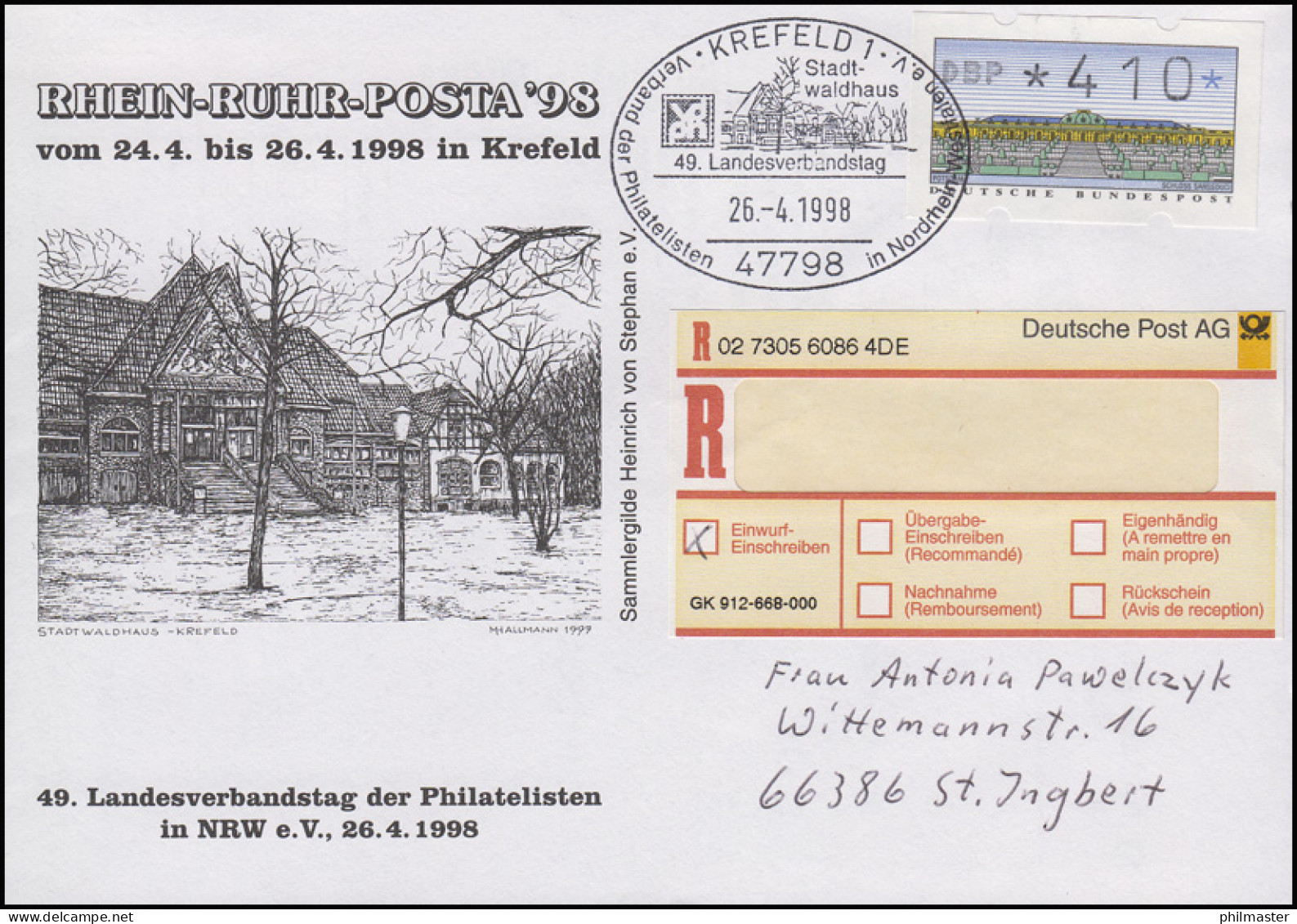 RHEIN-RUHR-POSTA'98 & LV-Tagung, EF R-Bf SSt Krefeld Stadtwaldhaus 24.4.1998 - Philatelic Exhibitions