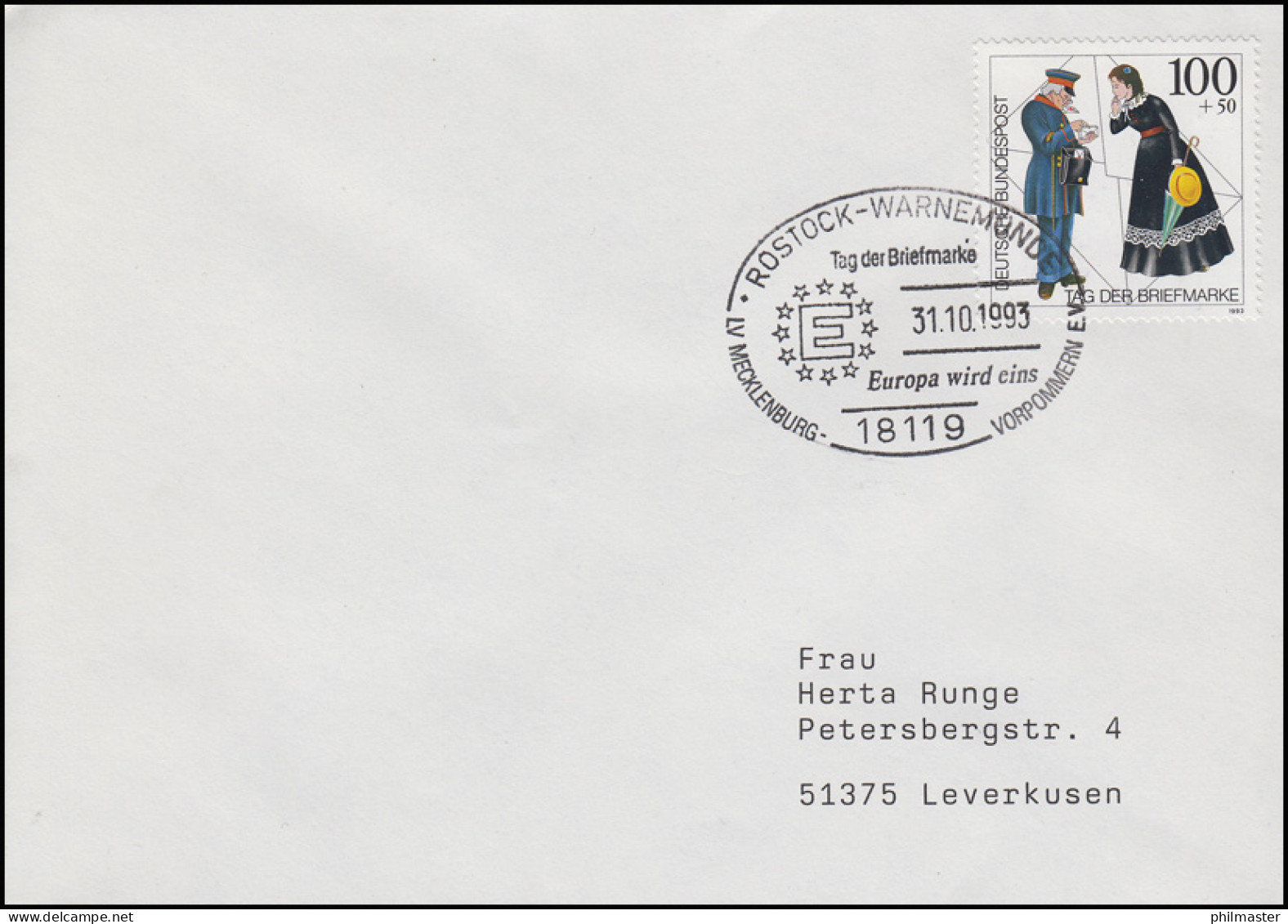 1692 Tag Der Briefmarke & Postbote, EF Bf SSt Rostock-Warnemünde EUROPA 31.10.93 - Tag Der Briefmarke