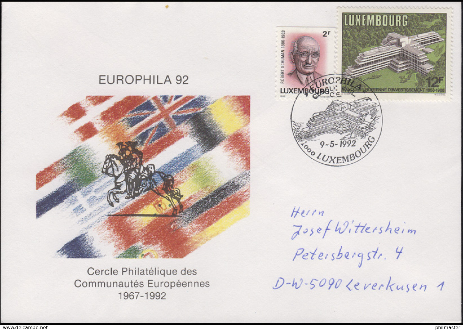 Luxemburg: Europabank, Schmuck-Brief SSt EUROPHILA Postreiter Luxembourg 9.5.92 - European Ideas