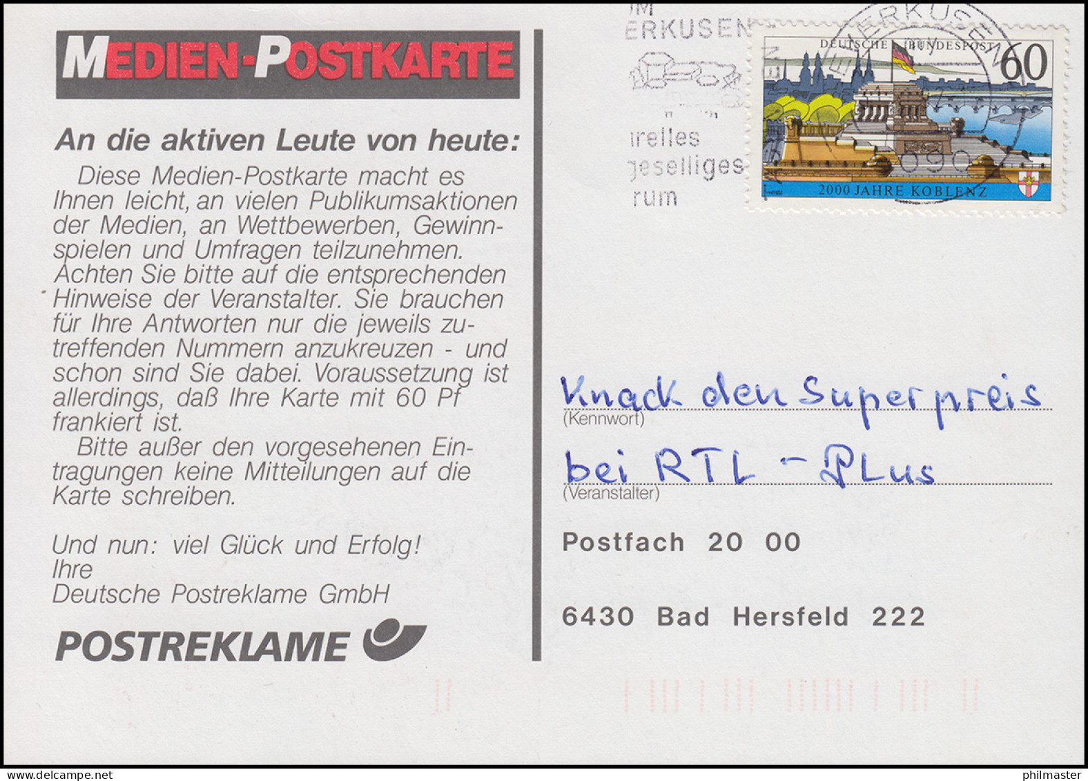 1583y Koblenz Medien-Postkarte LEVERKUSEN 31.1.1992 Zu RTL-Plus N. Bad Hersfeld - Telecom