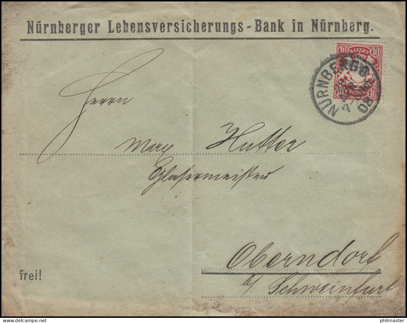 Bayern 10 Pf. Wappen EF Lebensversicherungs-Bank NÜRNBEG 28.4.08 Nach Oberndorf - Coins