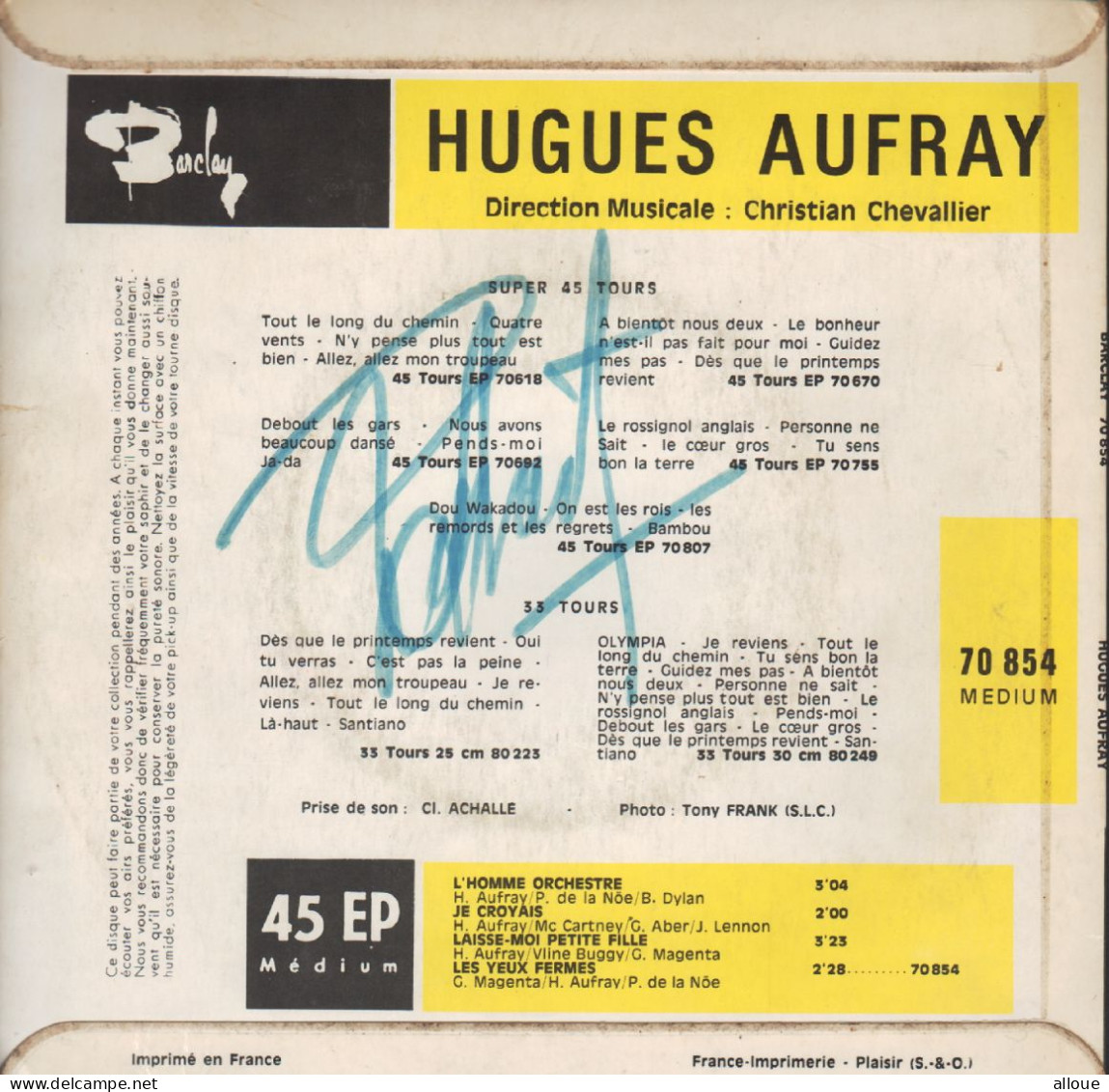 HUGUES AUFRAY - FR EP - L'HOMME ORCHESTRE (Mr Tambourine Man-Bob Dylan) + 3 - Autres - Musique Française