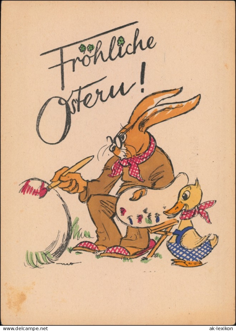 Ansichtskarte  Ostern Hase Malt Eier Ente - Handcoloriert 1955 - Ostern