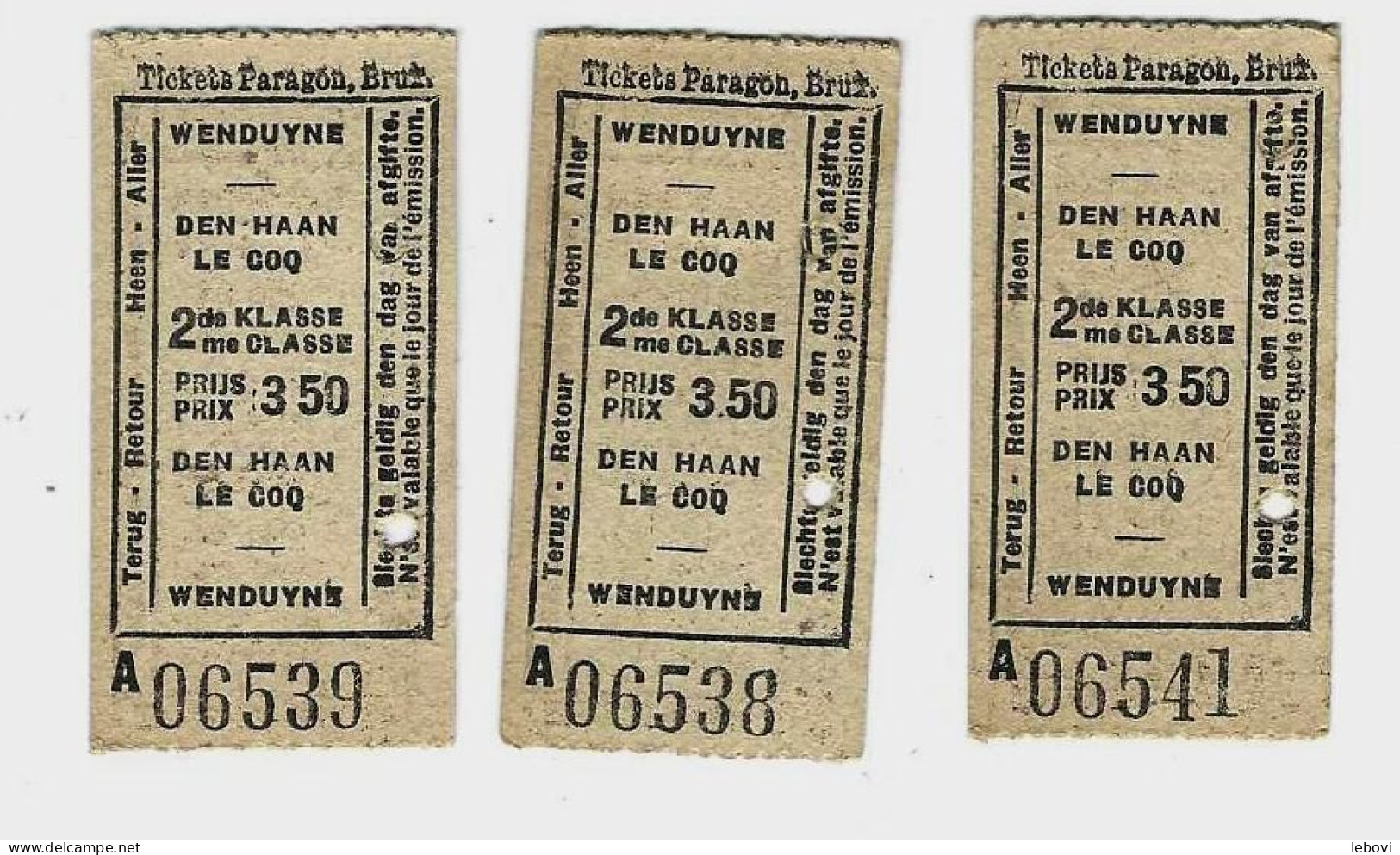 VICINAL De La Côte Belge   - De WENDUYNE- Vers DE HAAN – Lot De 3 Tickets -  16/08/1936 2e Classe - Spoorweg