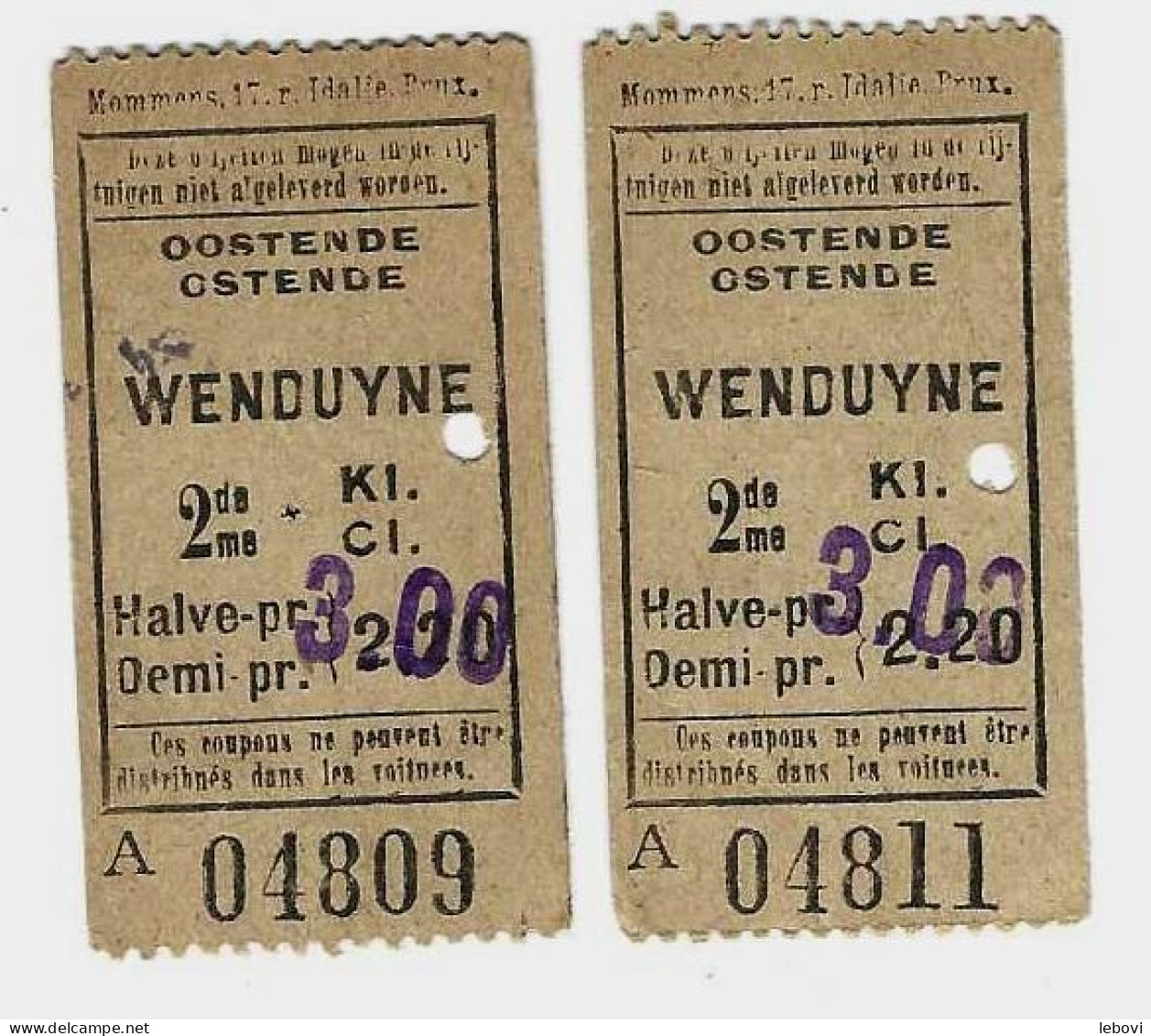 VICINAL De La Côte Belge   - De  OOSTENE  Vers WENDUYNE-  Lot De 2 Tickets Surchargés Du Nouveau Prix -  01/08/1936 –-> - Eisenbahnverkehr