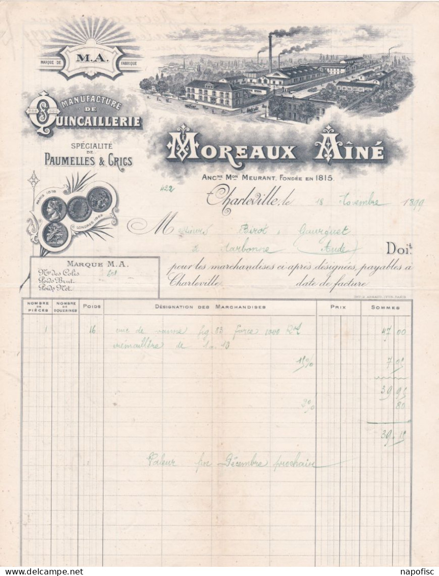 08-Moreau Ainé....Manufacture De Quincaillerie, Spécialité De Paumelles & Crics...Charleville... (Ardennes)..1899 - Andere & Zonder Classificatie
