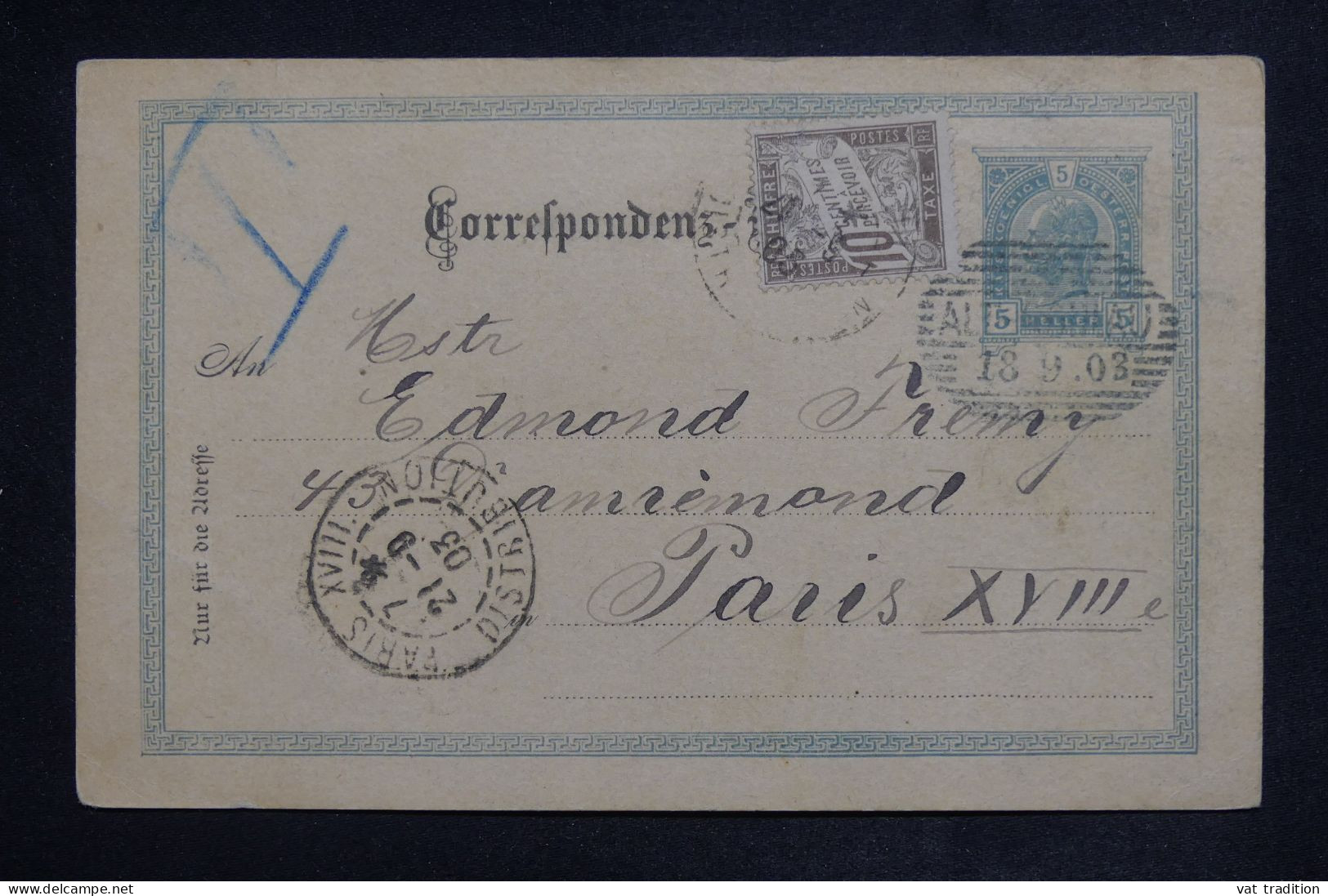 FRANCE - Taxe De Paris Sur Entier Postal D'Autriche En 1903 - L 151058 - 1859-1959 Lettres & Documents