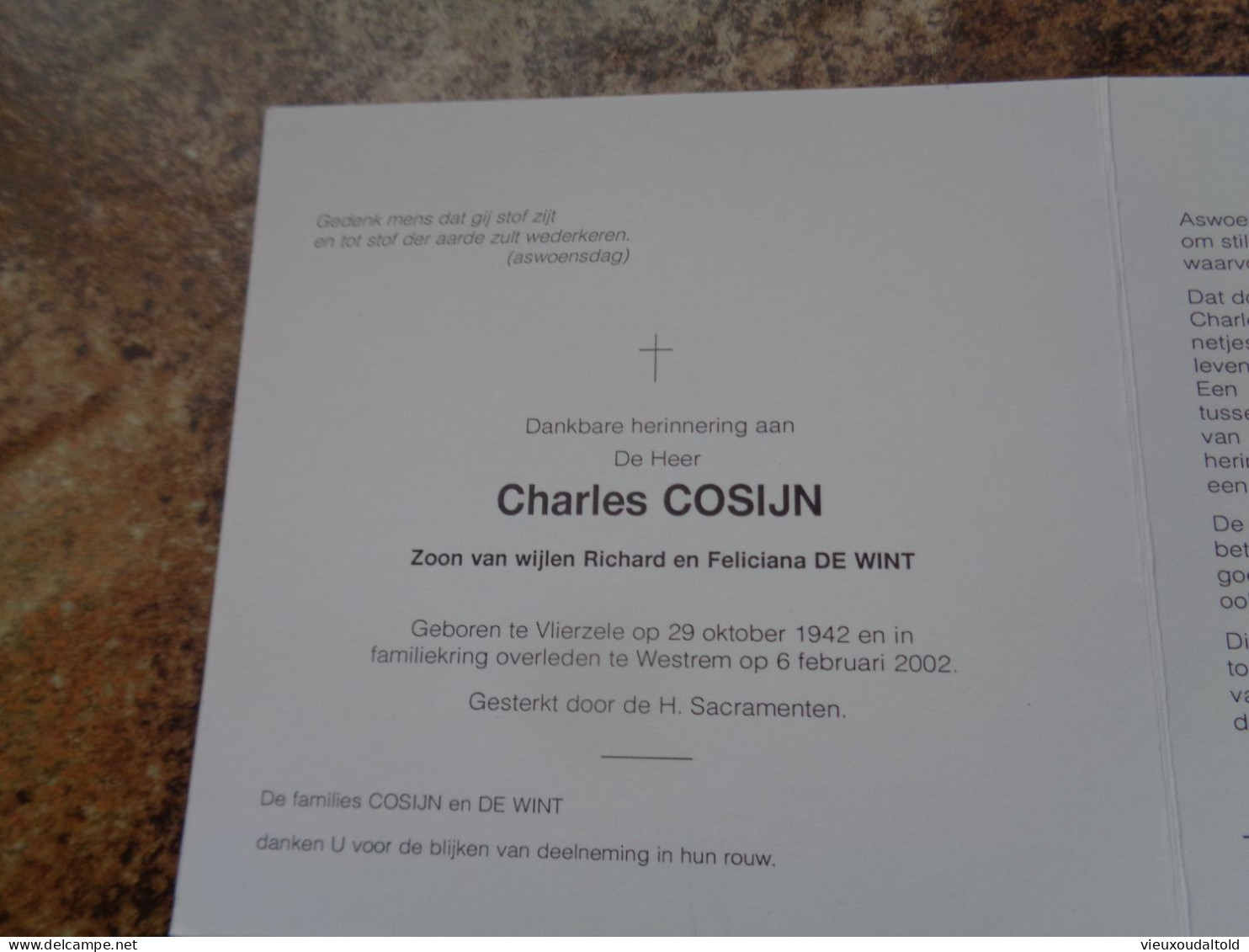 Doodsprentje/Bidprentje  Charles COSIJN   Vlierzele 1942-2002 Westrem  (Zn † Richard & Feliciana DE WINT) - Otros & Sin Clasificación