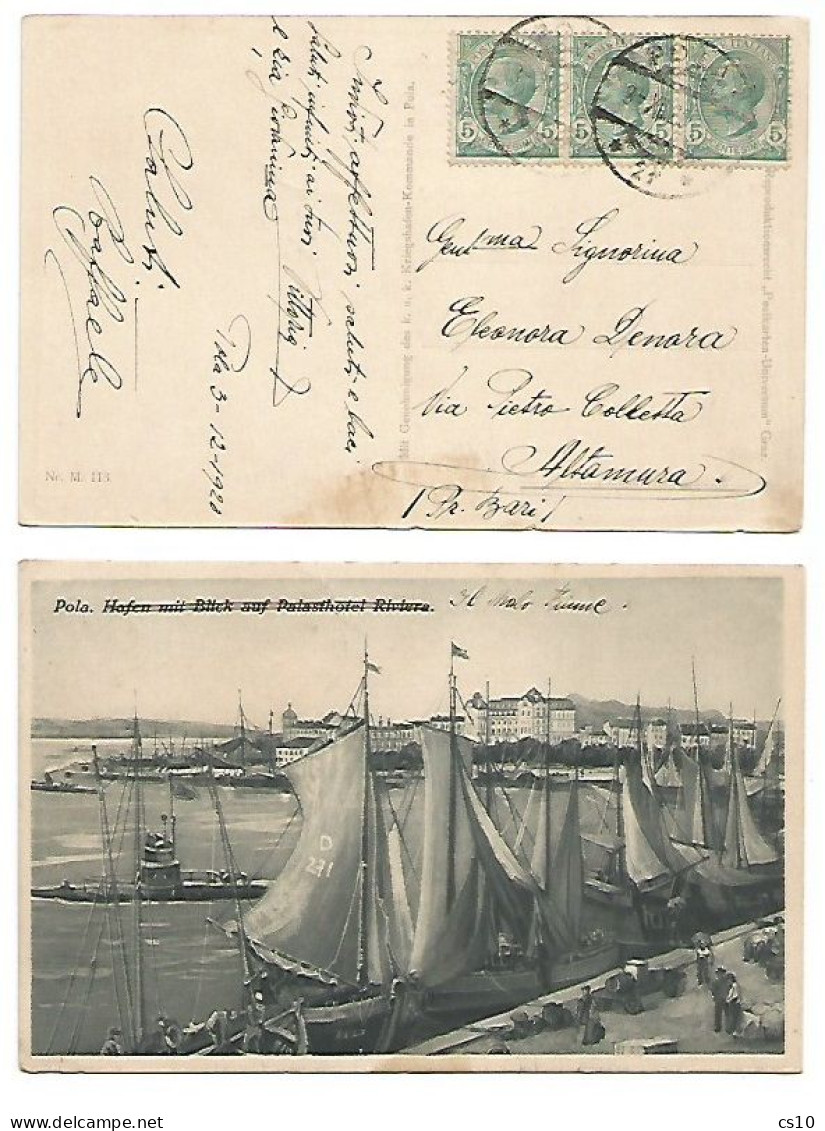 Pola Istria Il Molo Fiume Carty.b/n 13dic1920 X Altamura - Leoni C.5 Strip3 Con L'annullo Austriaco - Altri & Non Classificati