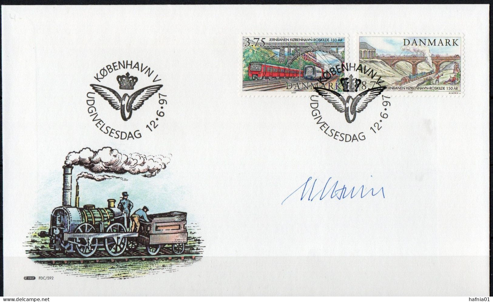 Martin Mörck. Denmark 1997.150 Anniv Railway Connection Copenhagen -  Roskilde. Michel 1155 - 1156 FDC. Signed. - FDC