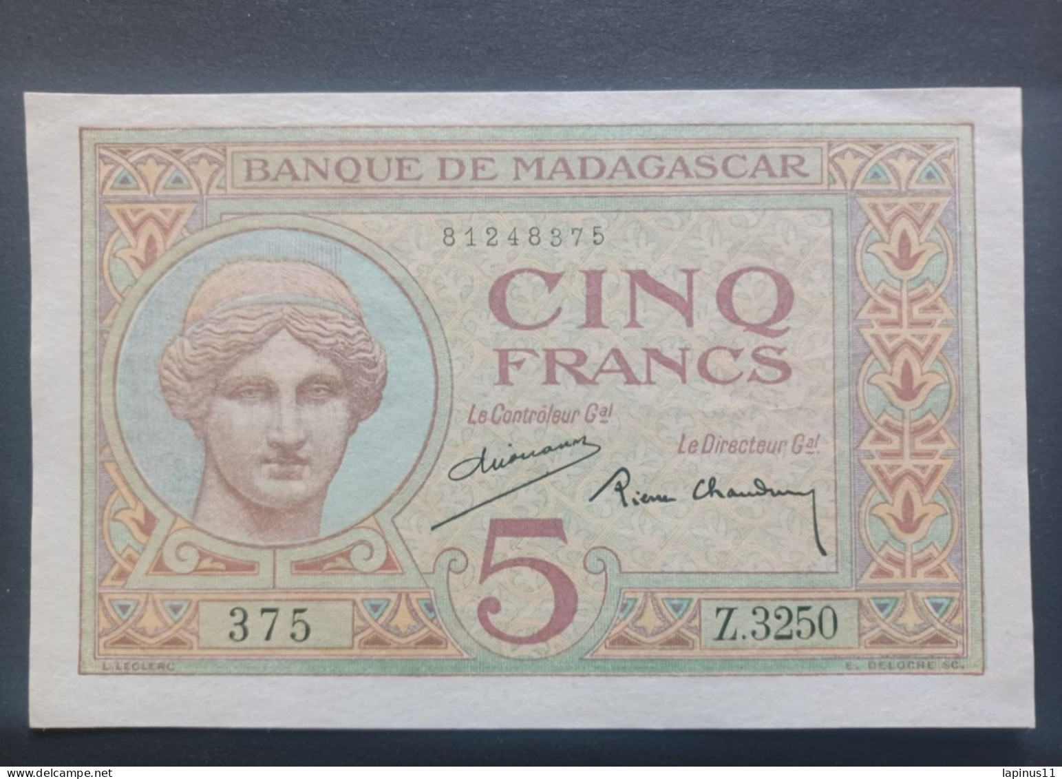 BANKNOTE MADAGASCAR 5 FRANCHI 1937 SUPERB PRESERVATION !! - Madagaskar