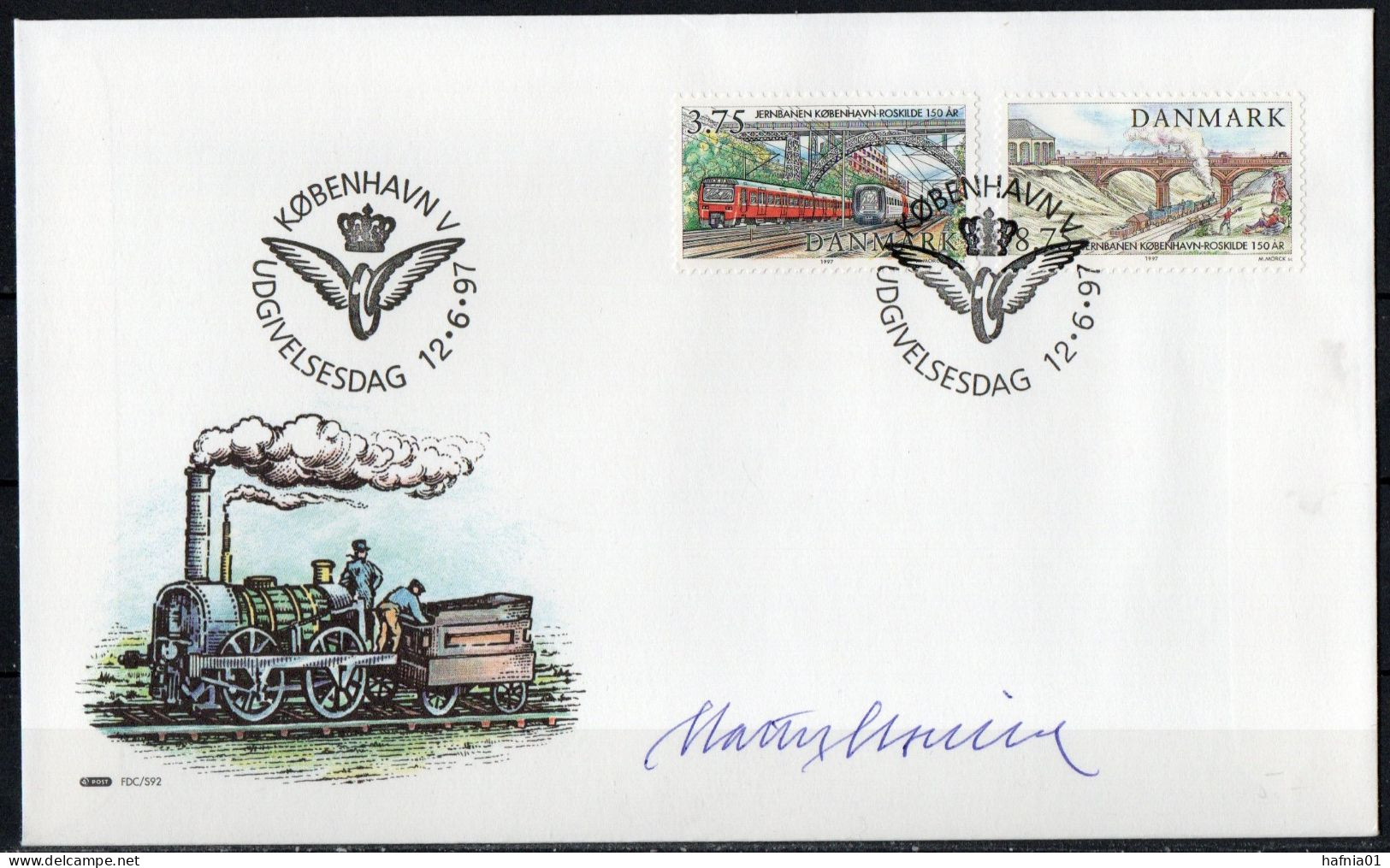 Martin Mörck. Denmark 1997.150 Anniv Railway Connection Copenhagen -  Roskilde. Michel 1155 - 1156 FDC. Signed. - FDC