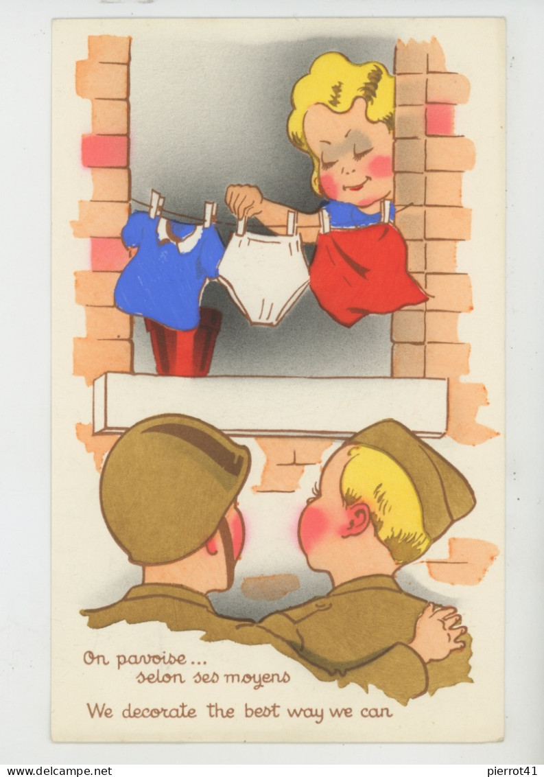 ENFANTS - GUERRE 1939-45 - Jolie Carte Fantaisie Fillette Française Et Soldats Américains " On Pavoise ... " - IDA - Children's Drawings