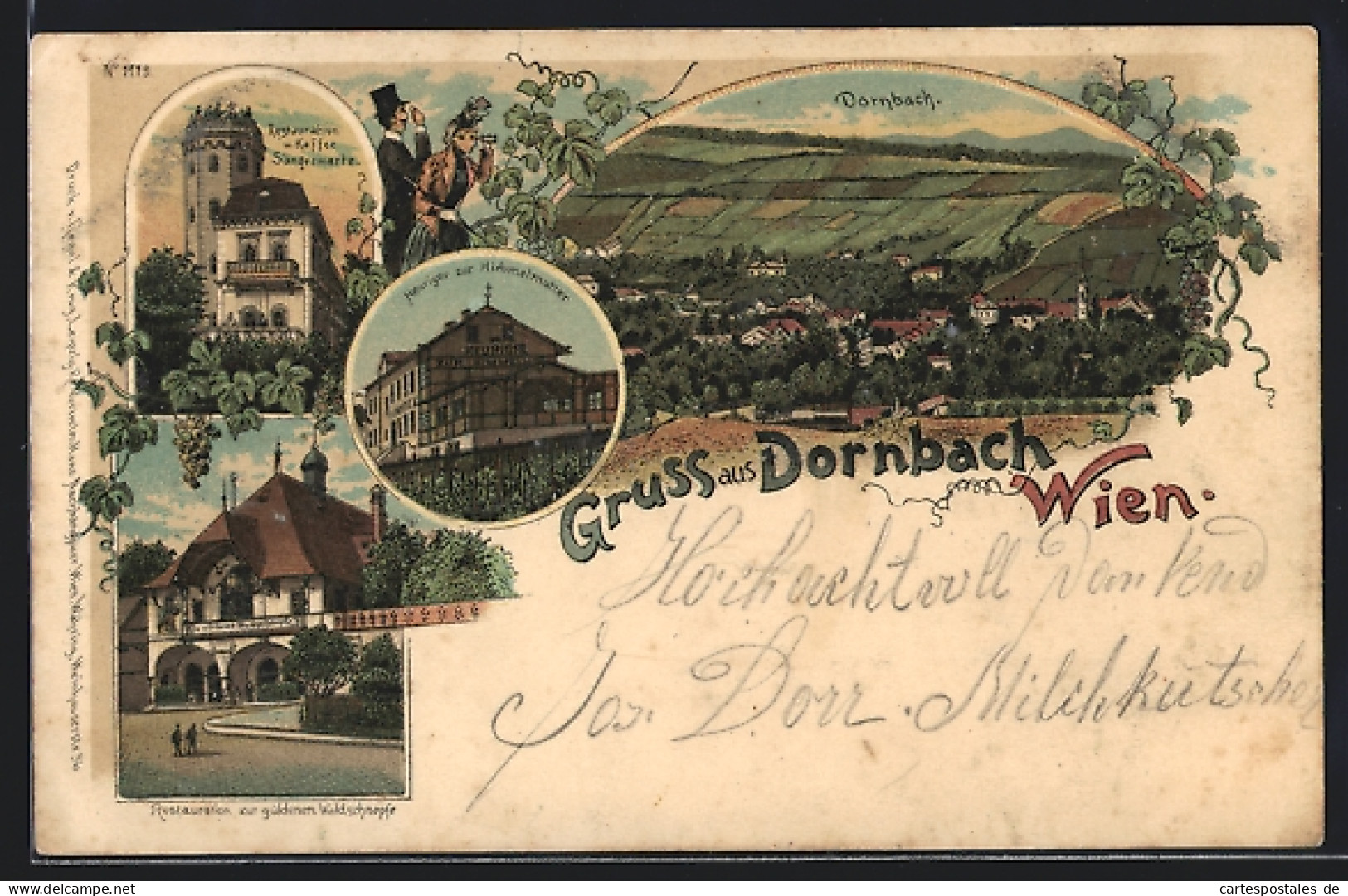 Lithographie Wien / Dornbach, Heuriger Zur Himmelmutter, Restauration U. Kaffee Sängerwarte, Ortsansicht  - Otros & Sin Clasificación