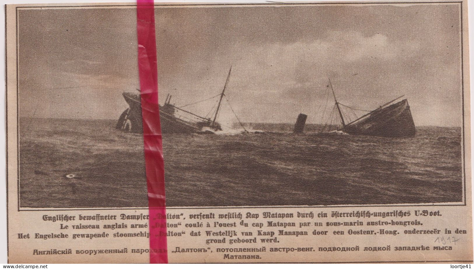 Oorlog Guerre 14/18 - Kaap Manapan - Schip Bateau Dalton Coulé - Orig. Knipsel Coupure Tijdschrift Magazine - 1917 - Zonder Classificatie