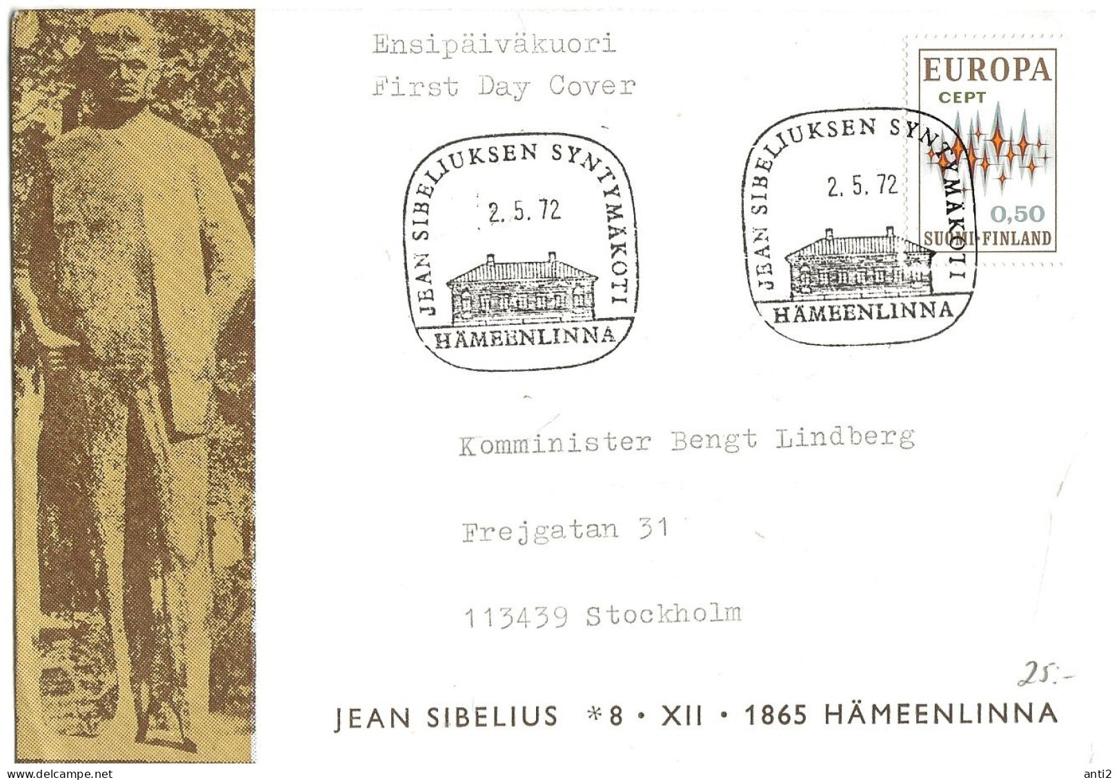 Finland   1972 Special Cover Jean Sibelius   Hämeenlinna Syntimäkoti   Special Cancellation On Cept  Mi 701   FDC - Briefe U. Dokumente