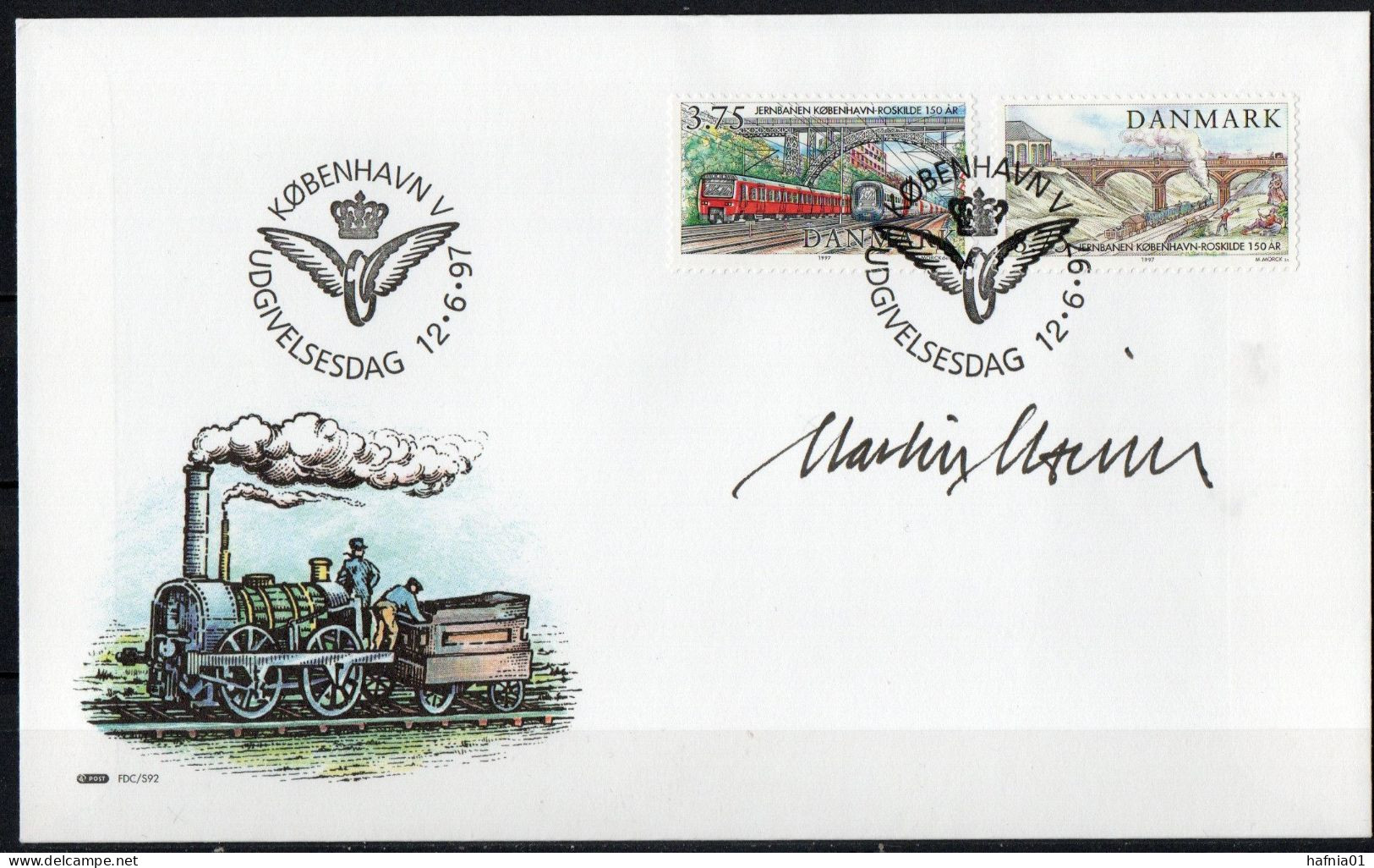 Martin Mörck. Denmark 1997.150 Anniv Railway Connection Copenhagen -  Roskilde. Michel 1155 - 1156 FDC. Signed. - FDC