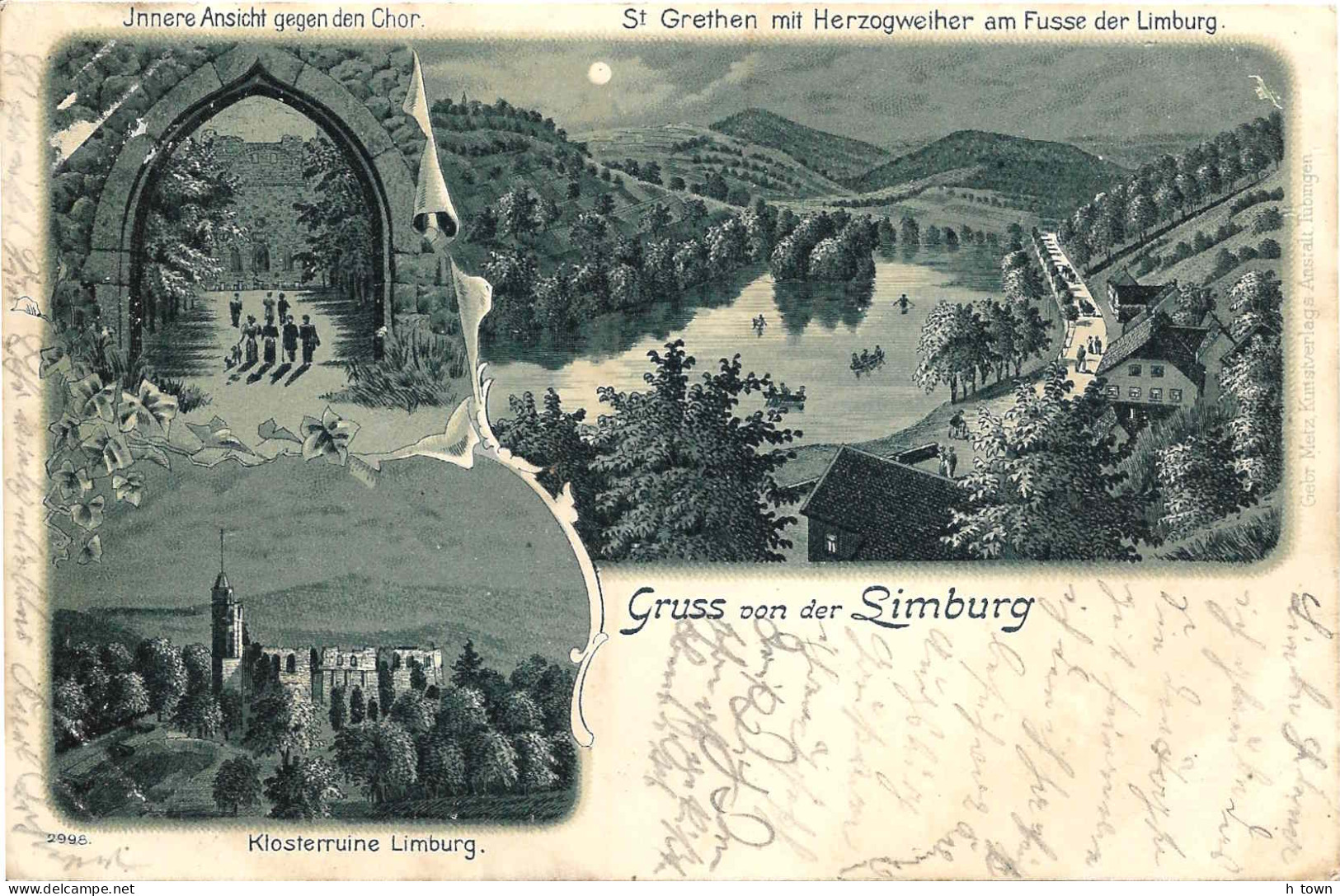 414  Limburg Klosterruine, St Grethen Mit Herzogweiher, Mondschein: Lithographie Ca. 1901, Posthilfstelle Taxe Dürkheim - Bad Duerkheim