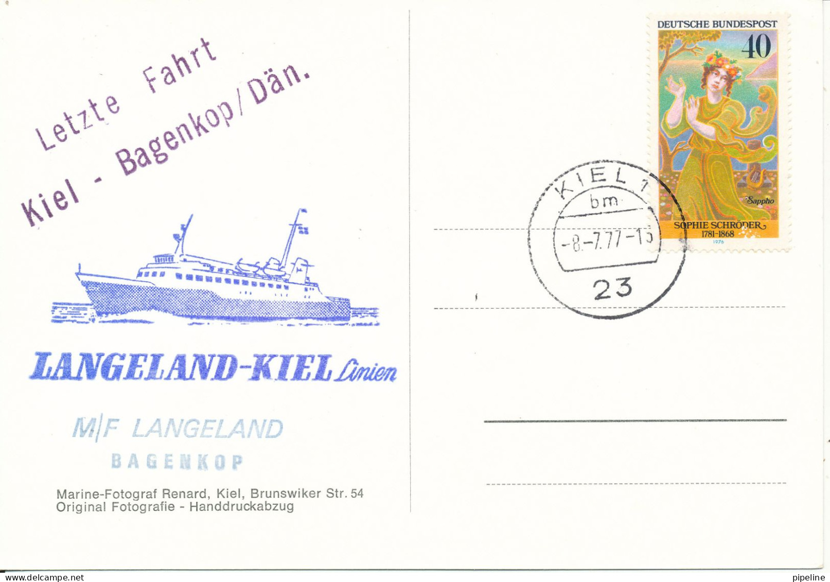 Postcard M/F Langeland Bagenkop Letze Fahrt Kiel - Bagenkop Kiel 8-7-1977 - Transbordadores