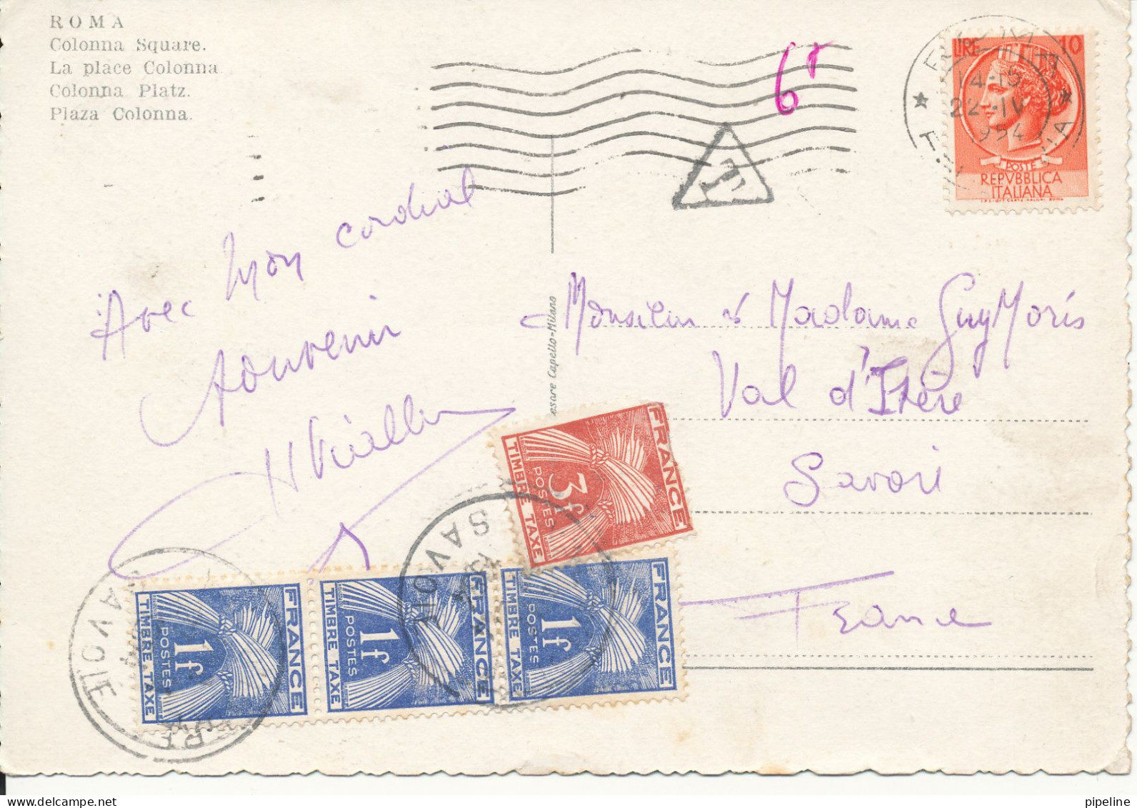 Italy Postcard Sent France 22-4-1954 Underpaid With 4 French Taxe Stamps - Plaatsen & Squares