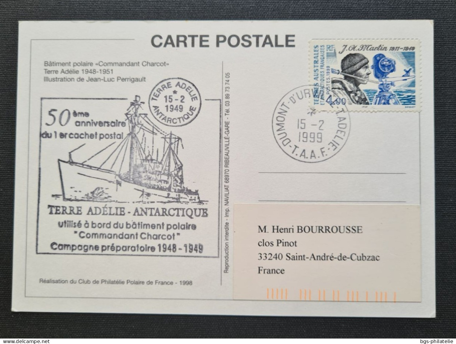 TAAF, T Numéro 239 Oblitéré De Terre Adélie Sur Carte Le 15/2/1999. - Cartas & Documentos