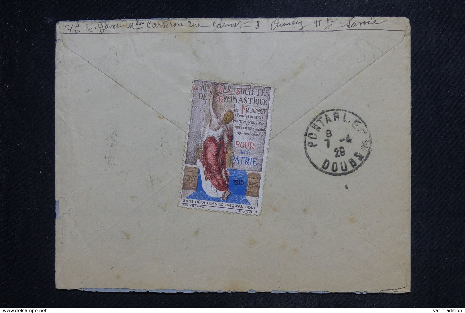 FRANCE - Vignette De L'Union Des Sociétés De Gymnastique De France Au Dos D'une Enveloppe En 1929 - L 151065 - Briefe U. Dokumente