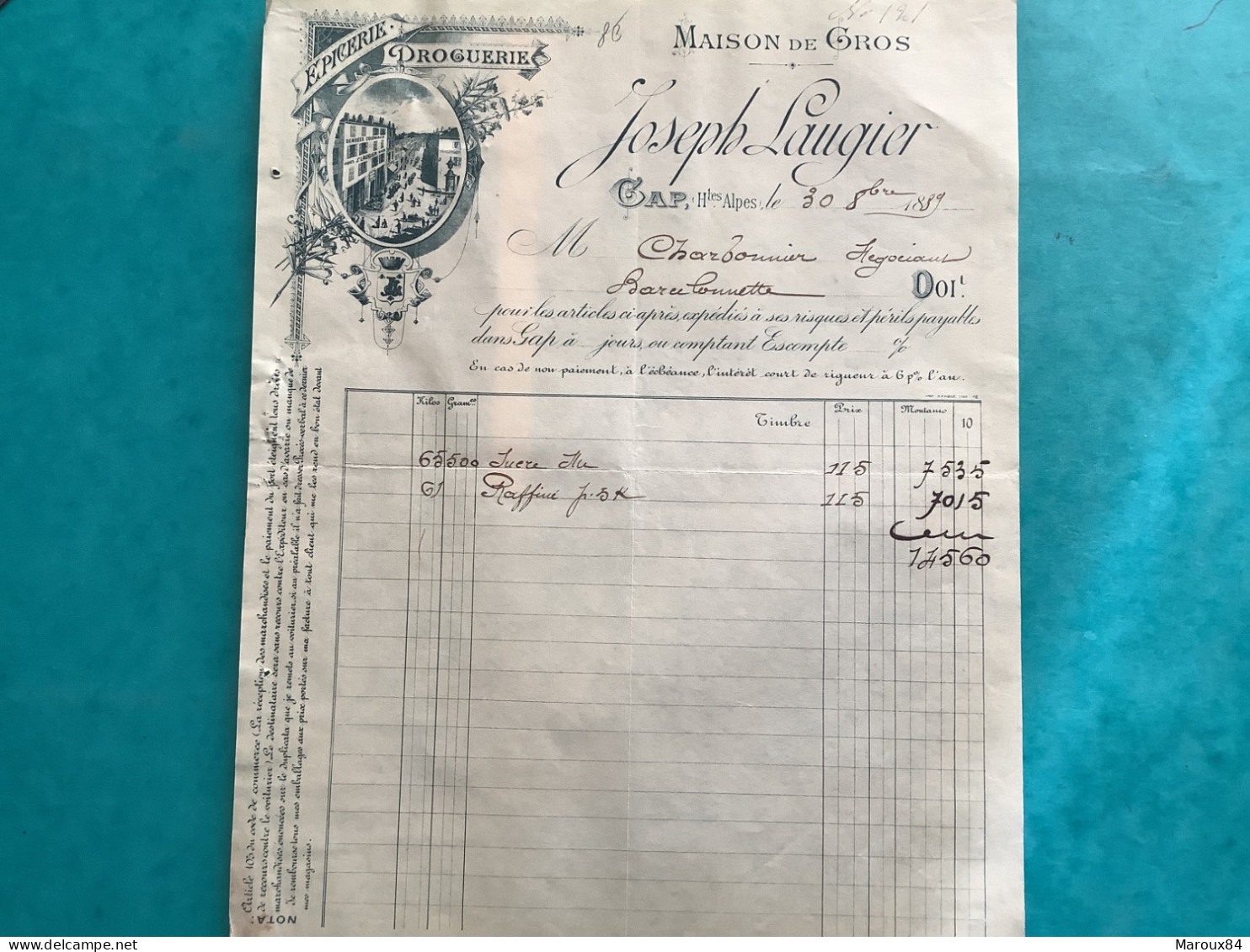 05/fact Maison En Gros épicerie Droguerie Joseph Laugier Gap 1889 - Droguerie & Parfumerie