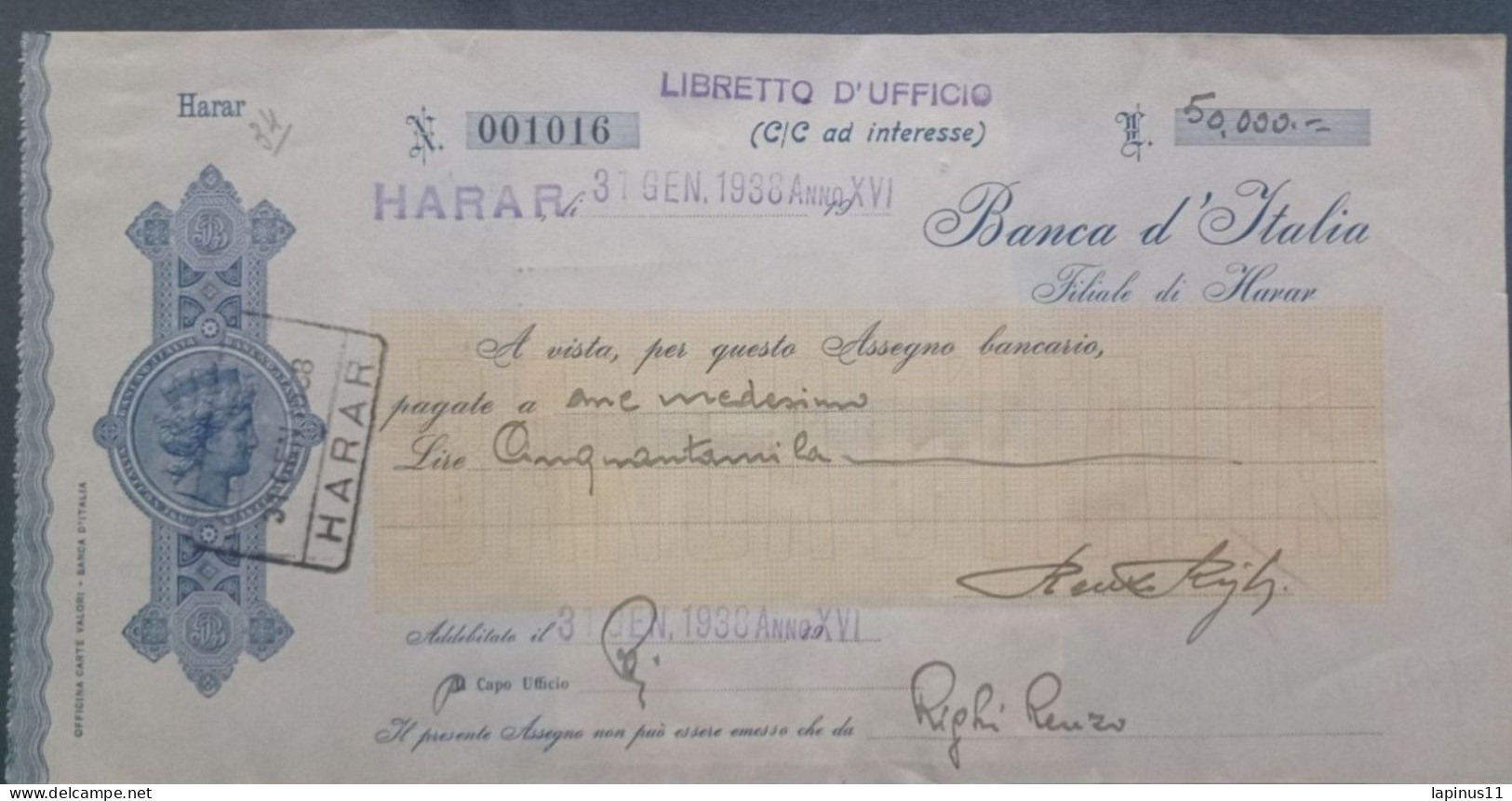 ETHIOPIA COLONIES BANK OF ITALY HARAR'S BRANCH 1938 CHECK 50,000 LIRE + 10 CENT TAX NO RED BUT ORANGE - Italian East Africa