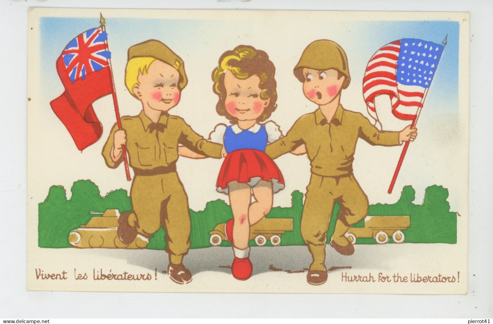 ENFANTS - GUERRE 1939-45 - Jolie Carte Fantaisie Fillette Française Et Soldats Américains "Vivent Les Libérateurs - IDA - Kinder-Zeichnungen