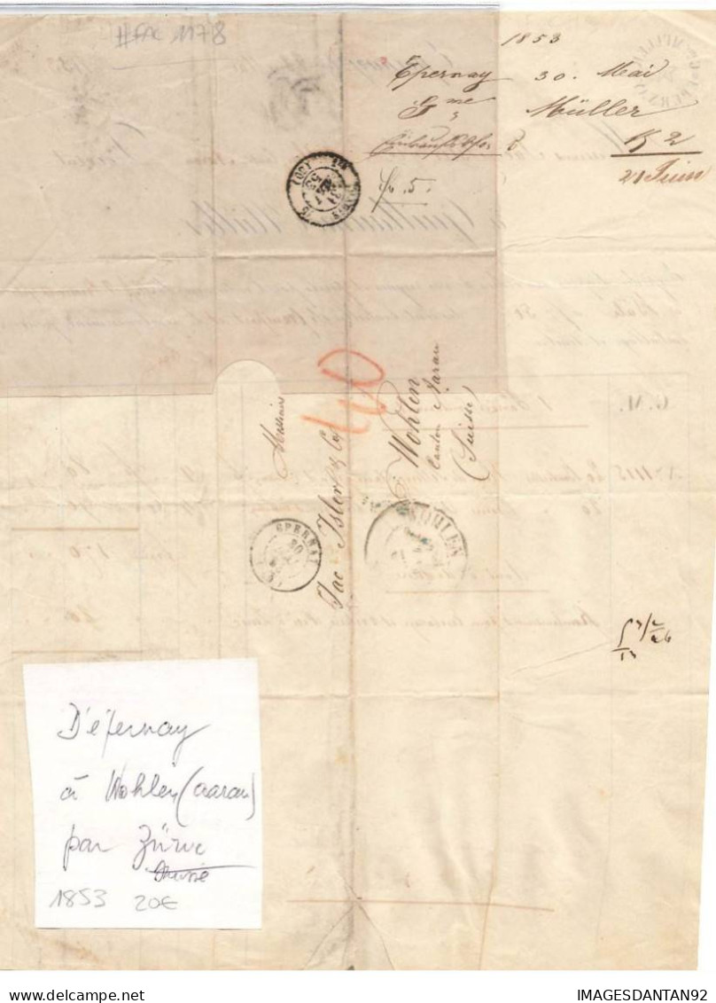 LETTRE SUISSE 1853 #FAC1178 EPERNAY A WOHLER AARAU PAR ZURICH - 1843-1852 Federale & Kantonnale Postzegels
