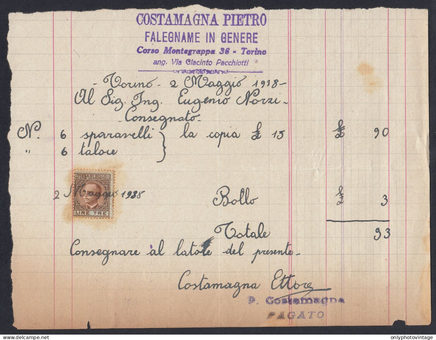 FT0811 Torino 1938, Costamagna Pietro, Falegname In Genere, Fattura, Marche Da Bollo, Invoice - Italy