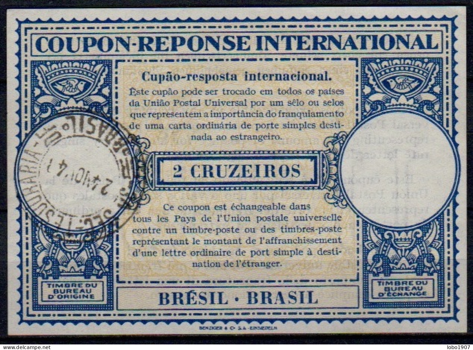 BRÉSIL BRAZIL  Lo14  2 CRUZEIROS International Reply Coupon Reponse Antwortschein IRC IAS O TESOURARIA DO BRASIL 24.11.4 - Interi Postali